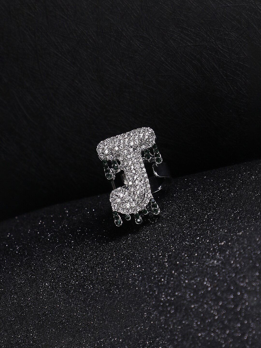 

French Accent Men Silver-Plated Stone Studded J Alphabet Ring