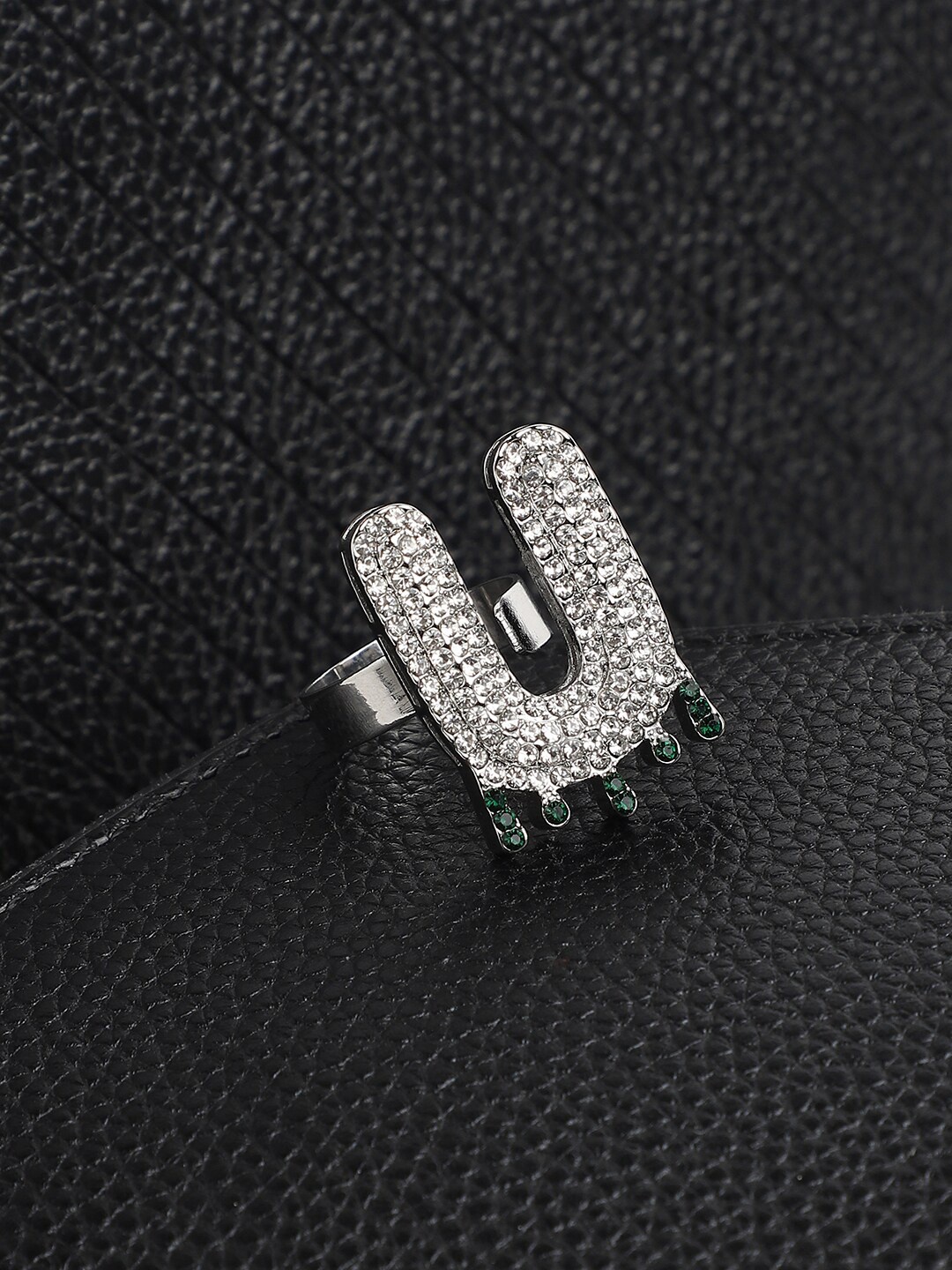 

French Accent Men Silver-Plated Stone Studded U Alphabet Ring