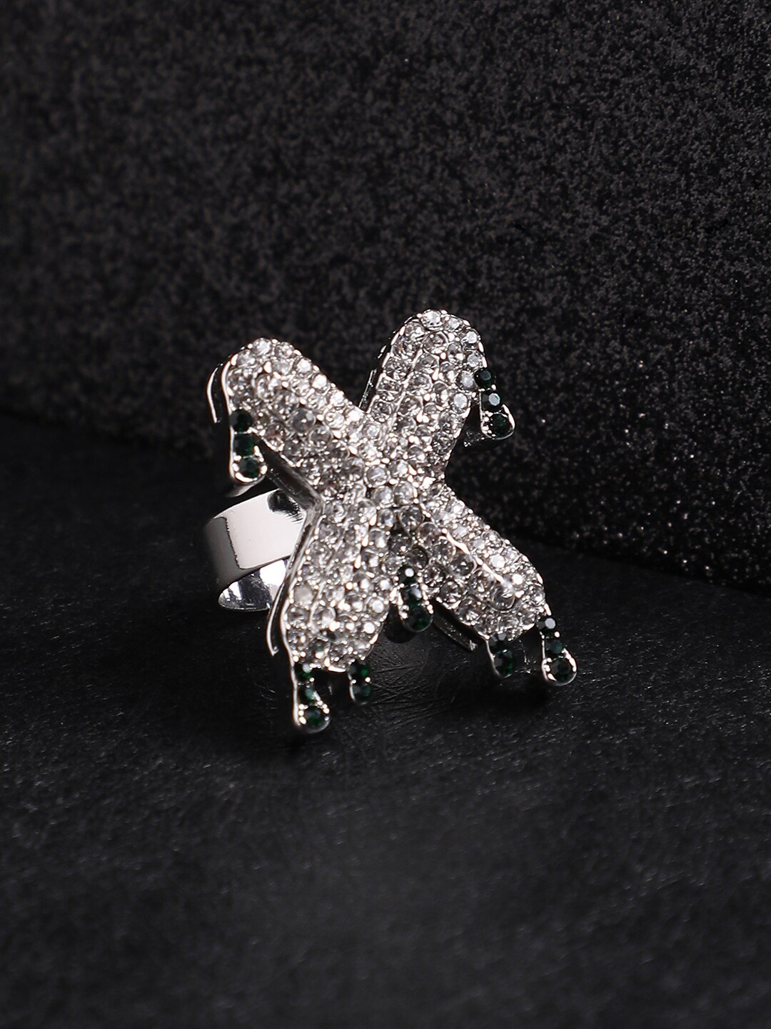 

French Accent Men Silver-Plated Stone Studded X Alphabet Ring