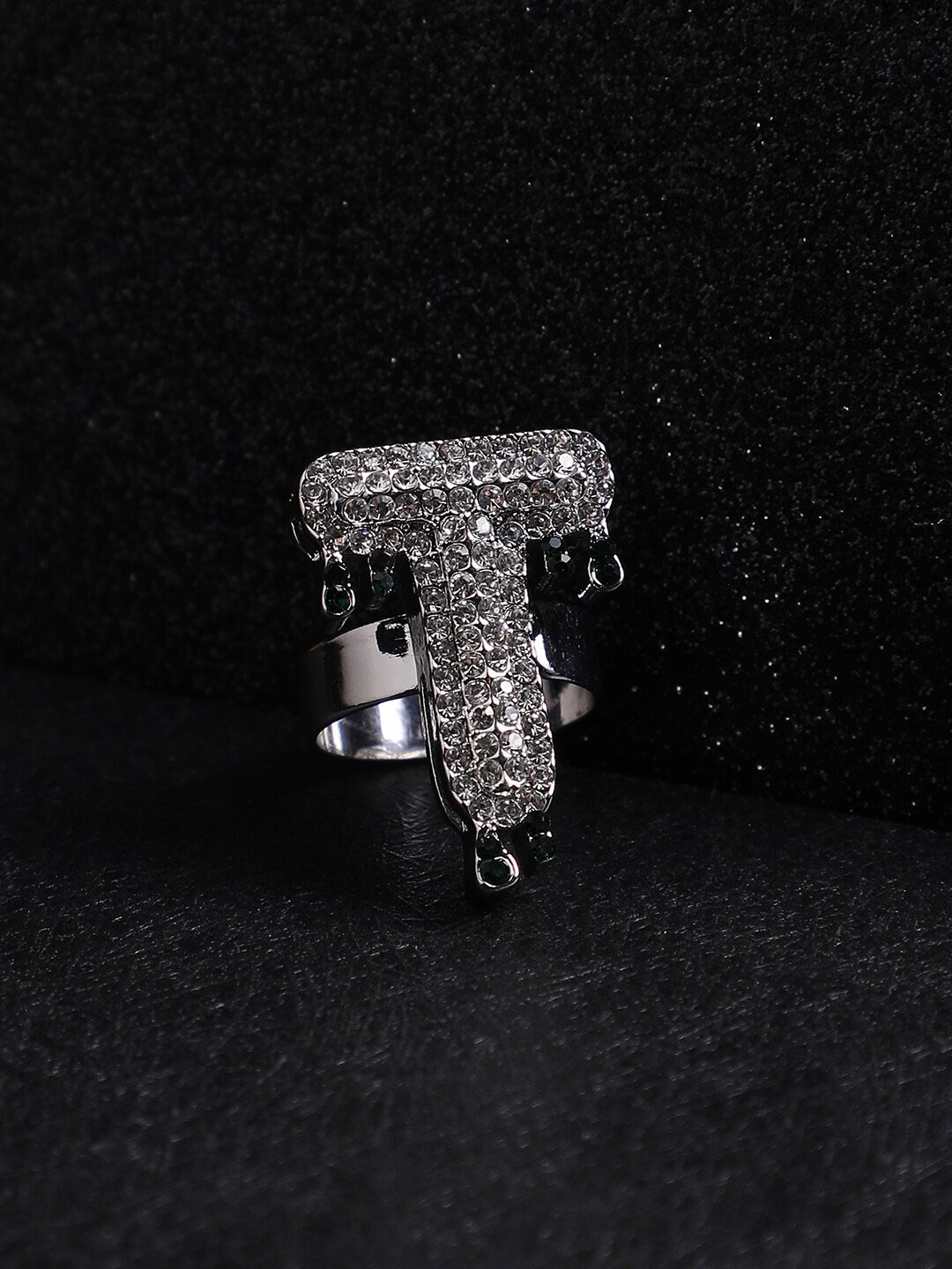 

French Accent Men Silver-Plated Stone Studded T Alphabet Ring