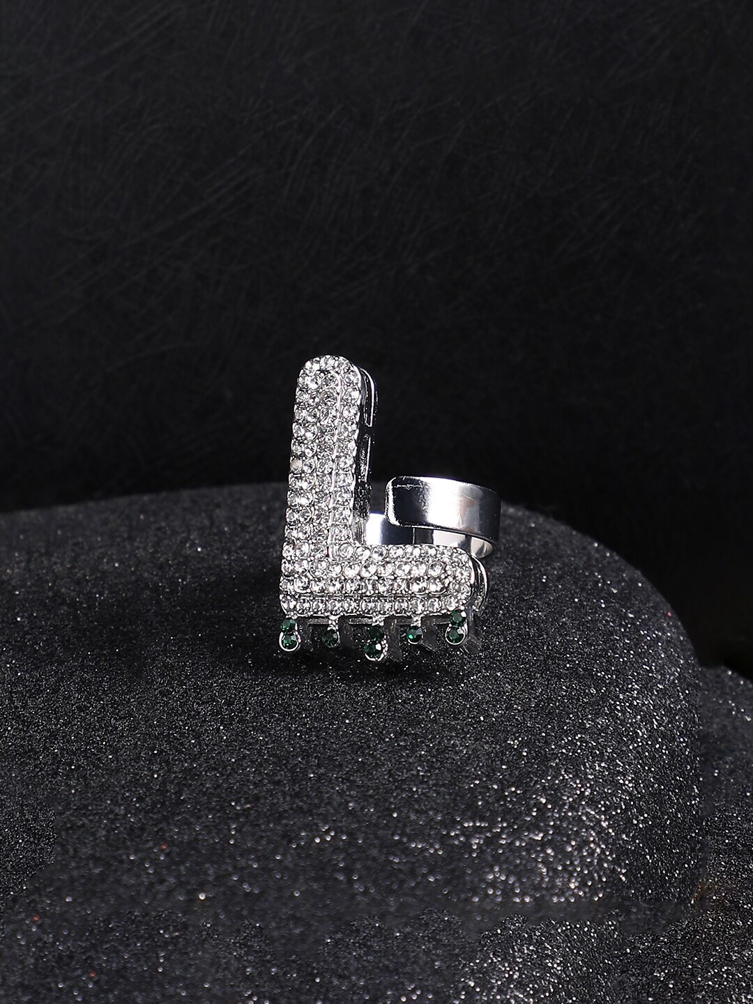 

French Accent Men Silver-Plated Stone Studded L Alphabet Ring