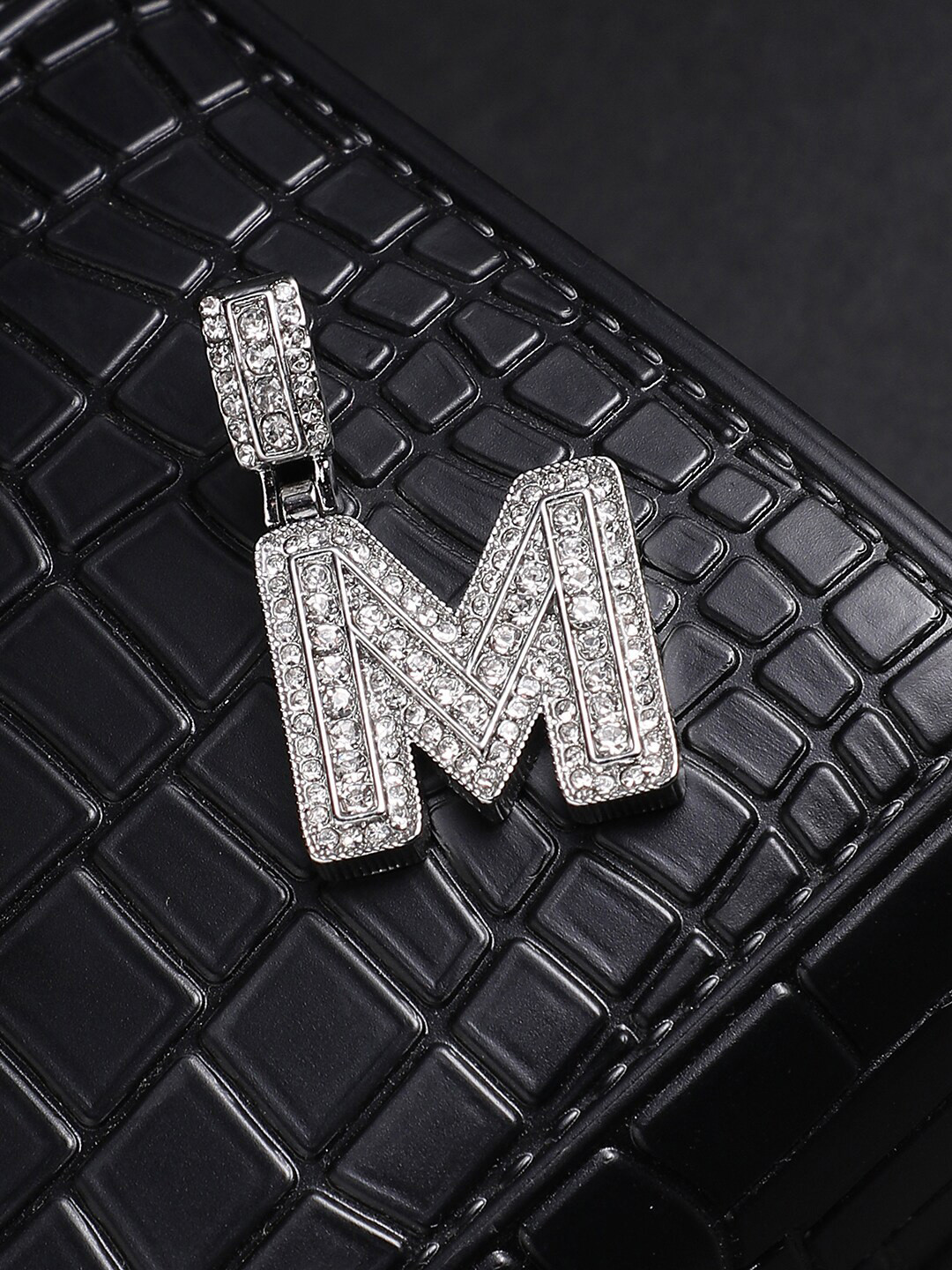 

French Accent Silver-Plated Stone-Studded M Alphabet Pendant With Chain
