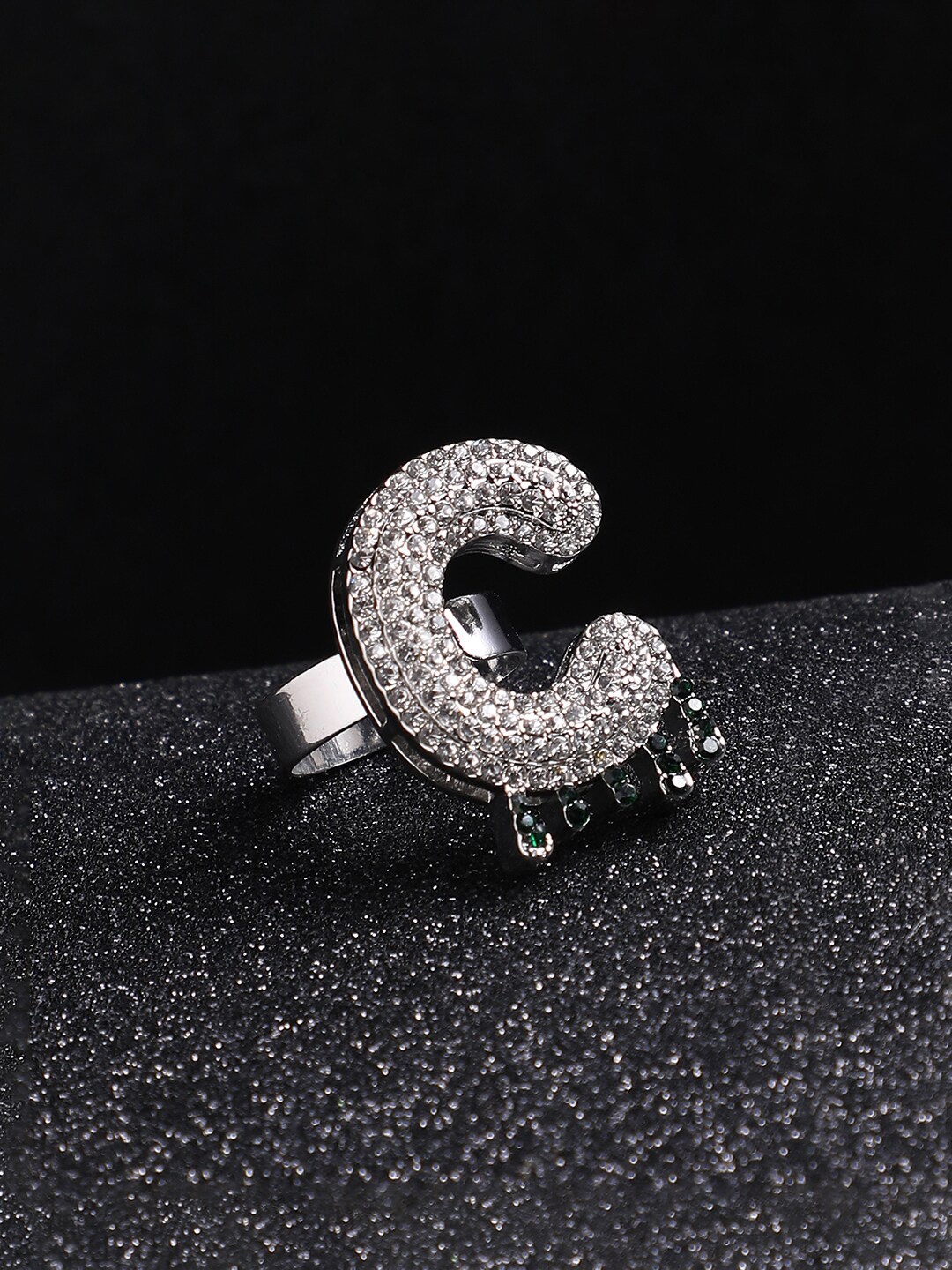 

French Accent Men Silver-Plated Stone Studded C Alphabet Ring