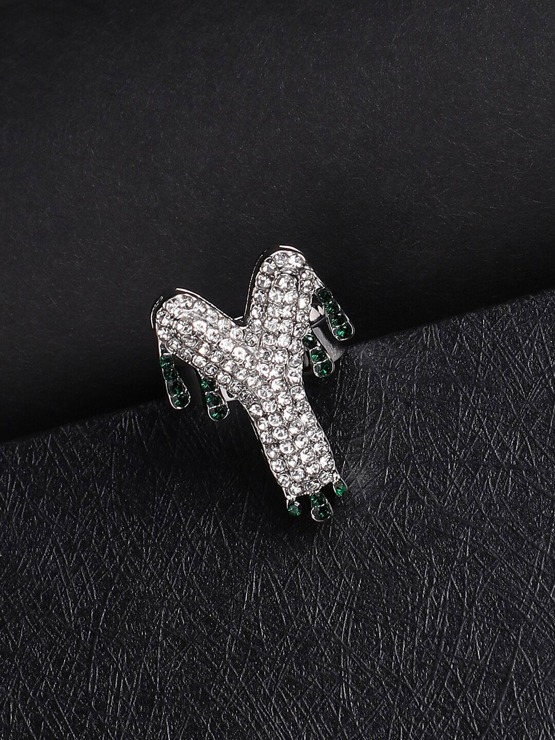 

French Accent Men Silver-Plated Stone Studded Y Alphabet Ring
