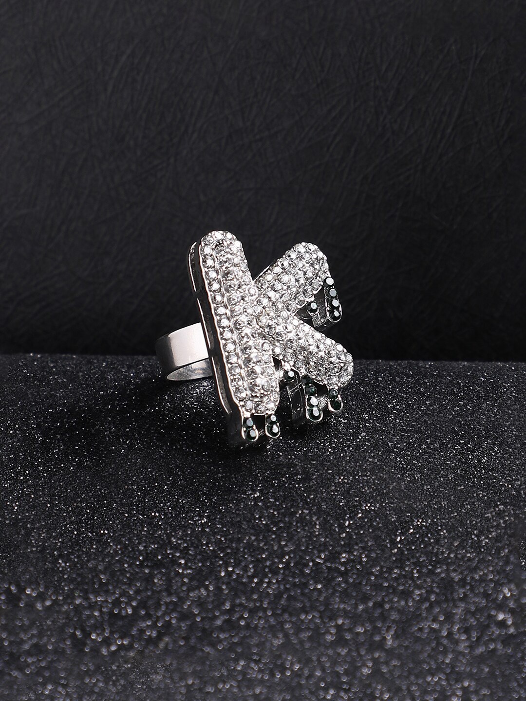 

French Accent Men Silver-Plated Stone Studded K Alphabet Ring