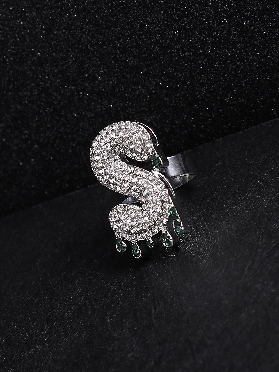 

French Accent Men Silver-Plated Stone Studded S Alphabet Ring