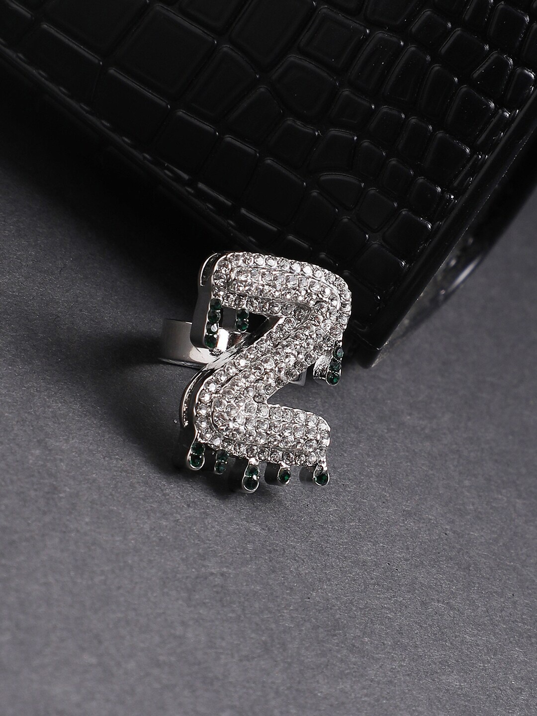 

French Accent Men Silver-Plated Stone Studded Z Alphabet Ring