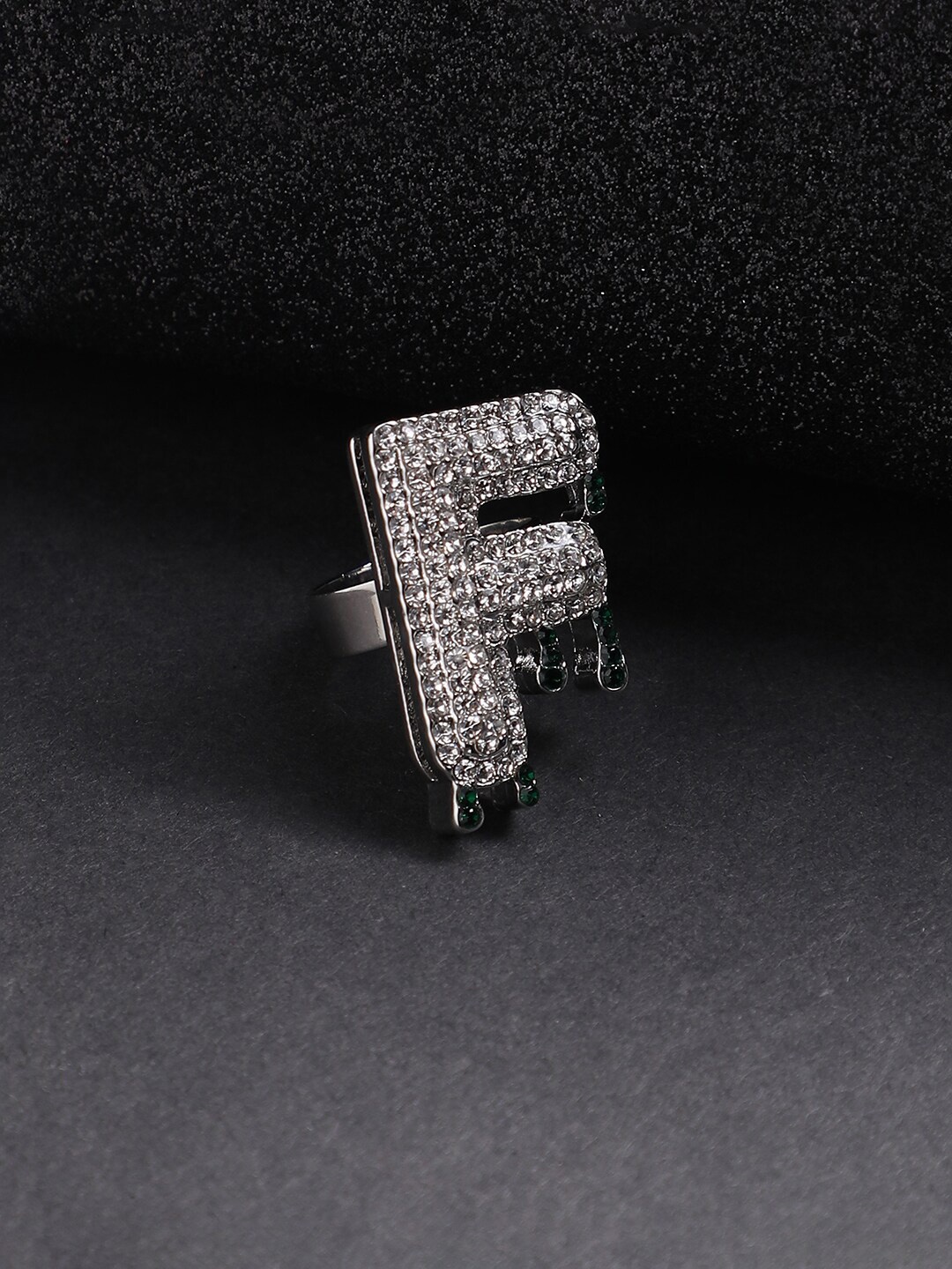 

French Accent Men Silver-Plated Stone Studded F Alphabet Ring