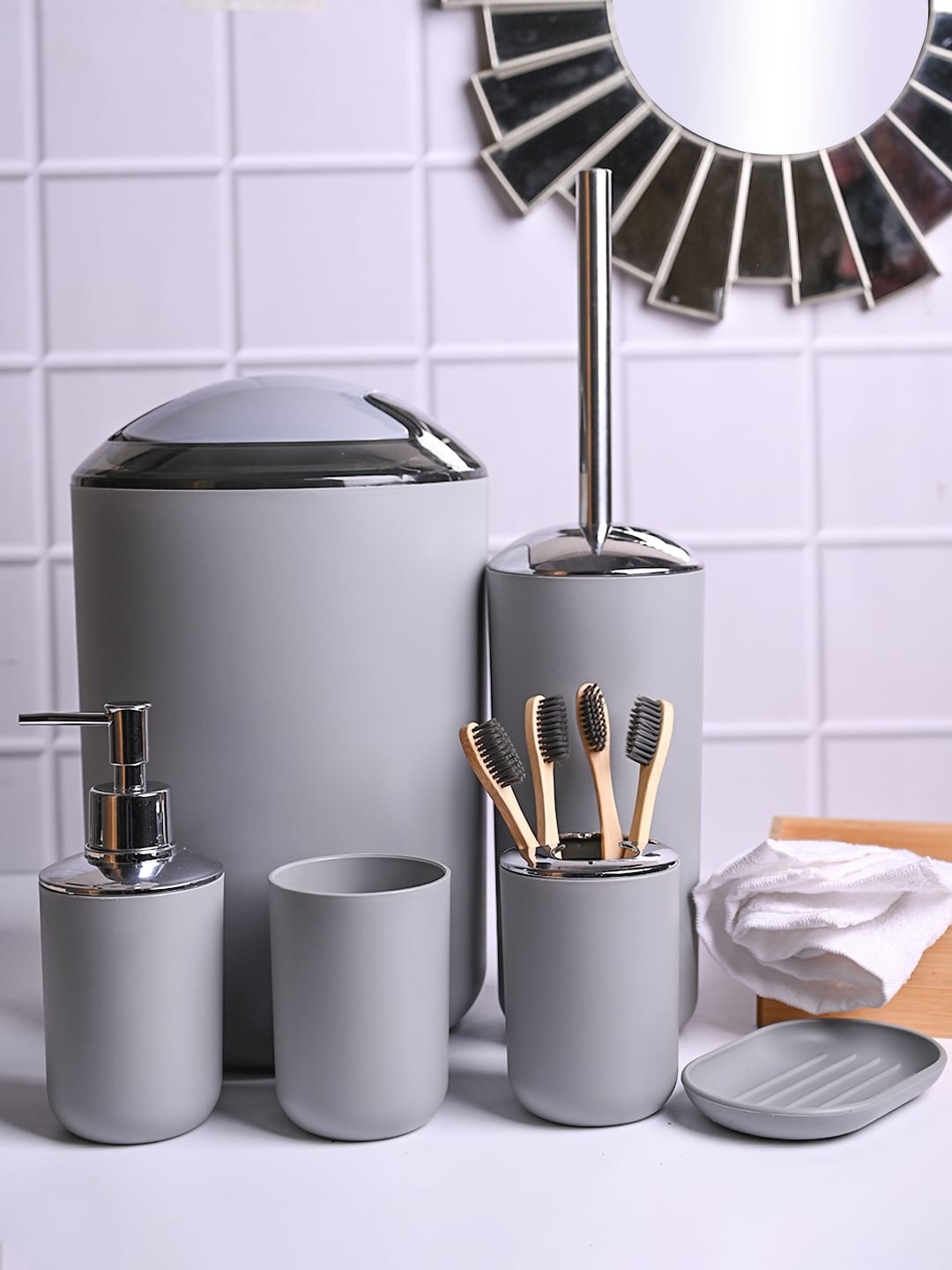 

MARKET99 Grey Plastic Solid Printed Bathroom Accessories Set