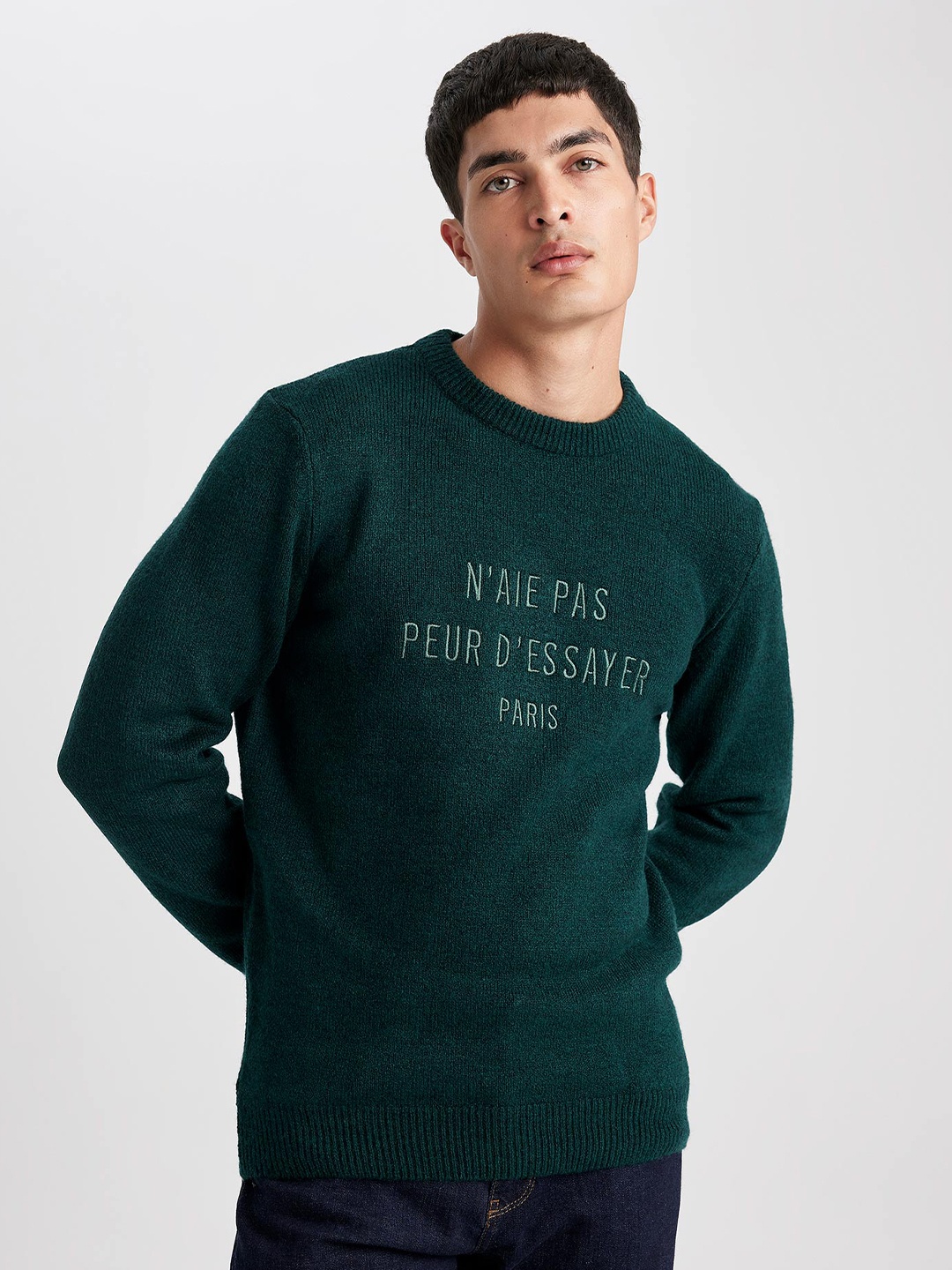 

DeFacto Typography Printed Round Neck Pullover Sweater, Green