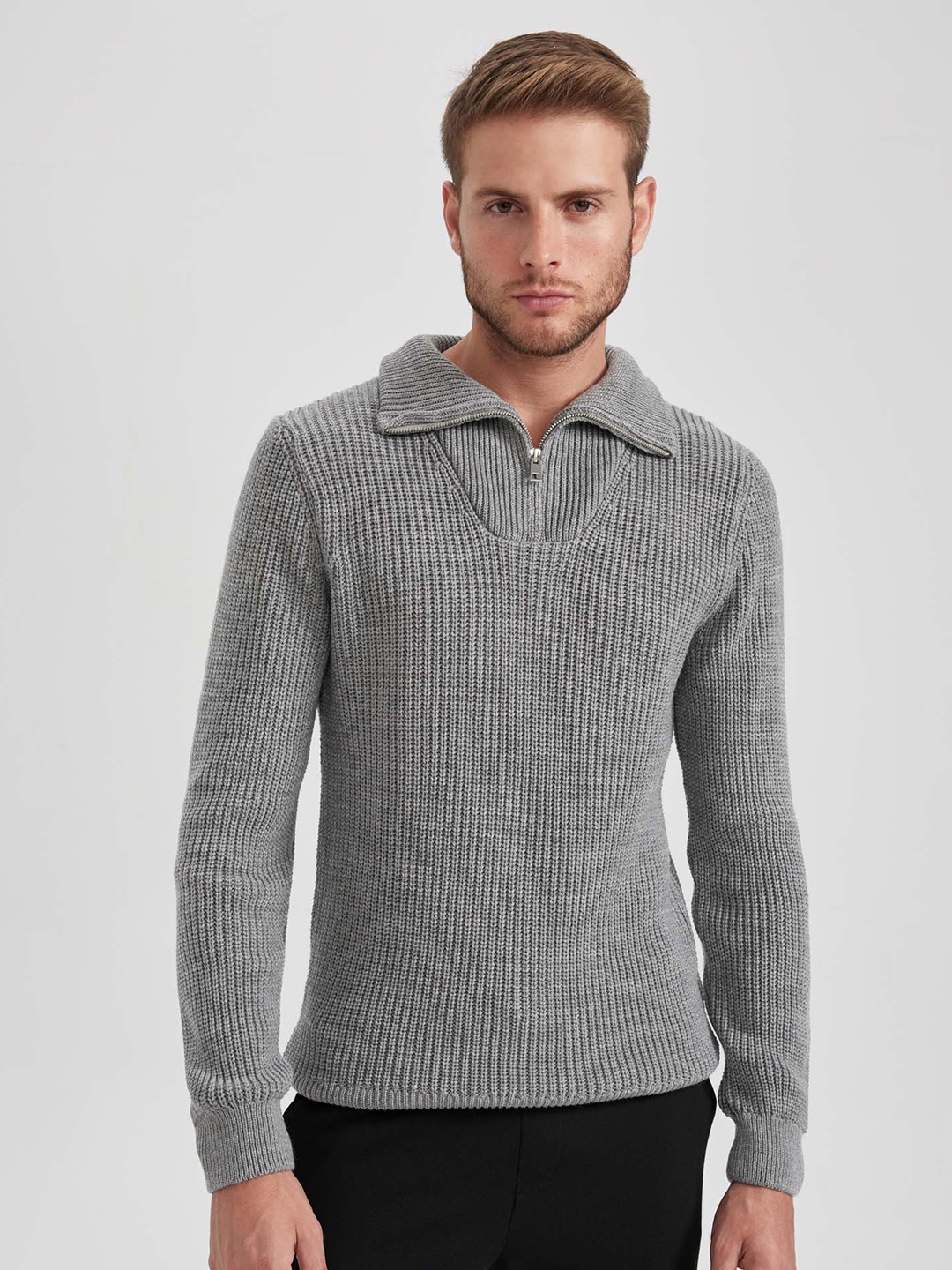 

DeFacto Ribbed Pullover Sweater, Grey