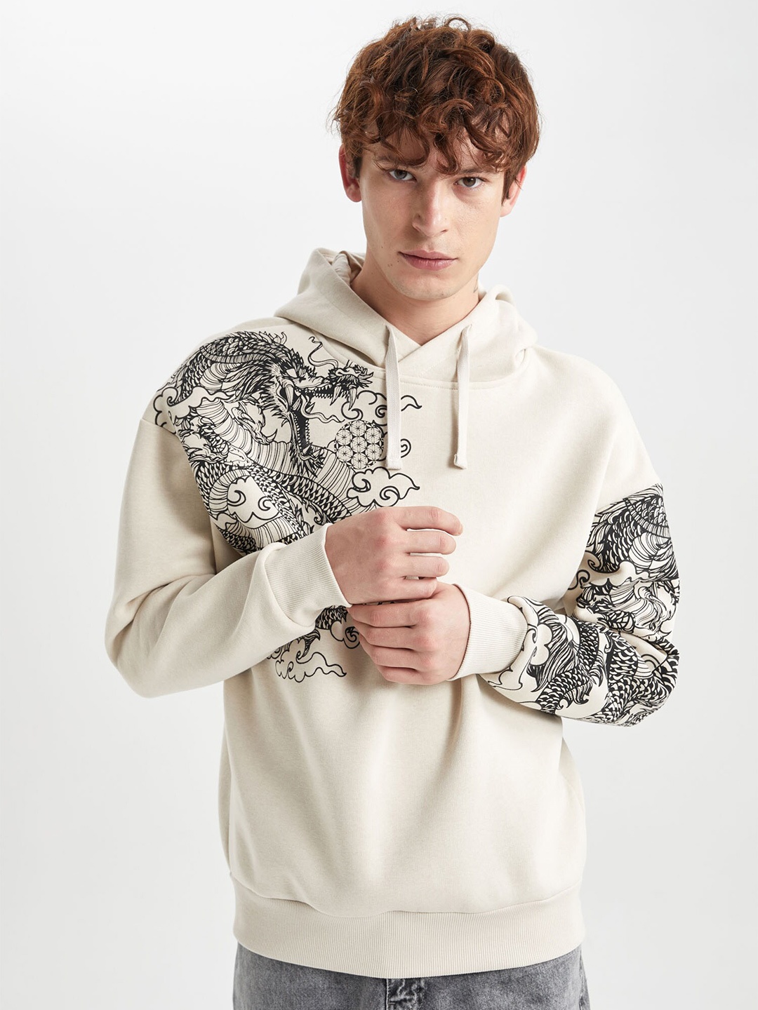 

DeFacto Graphic Printed Hooded Pullover Sweatshirt, Cream