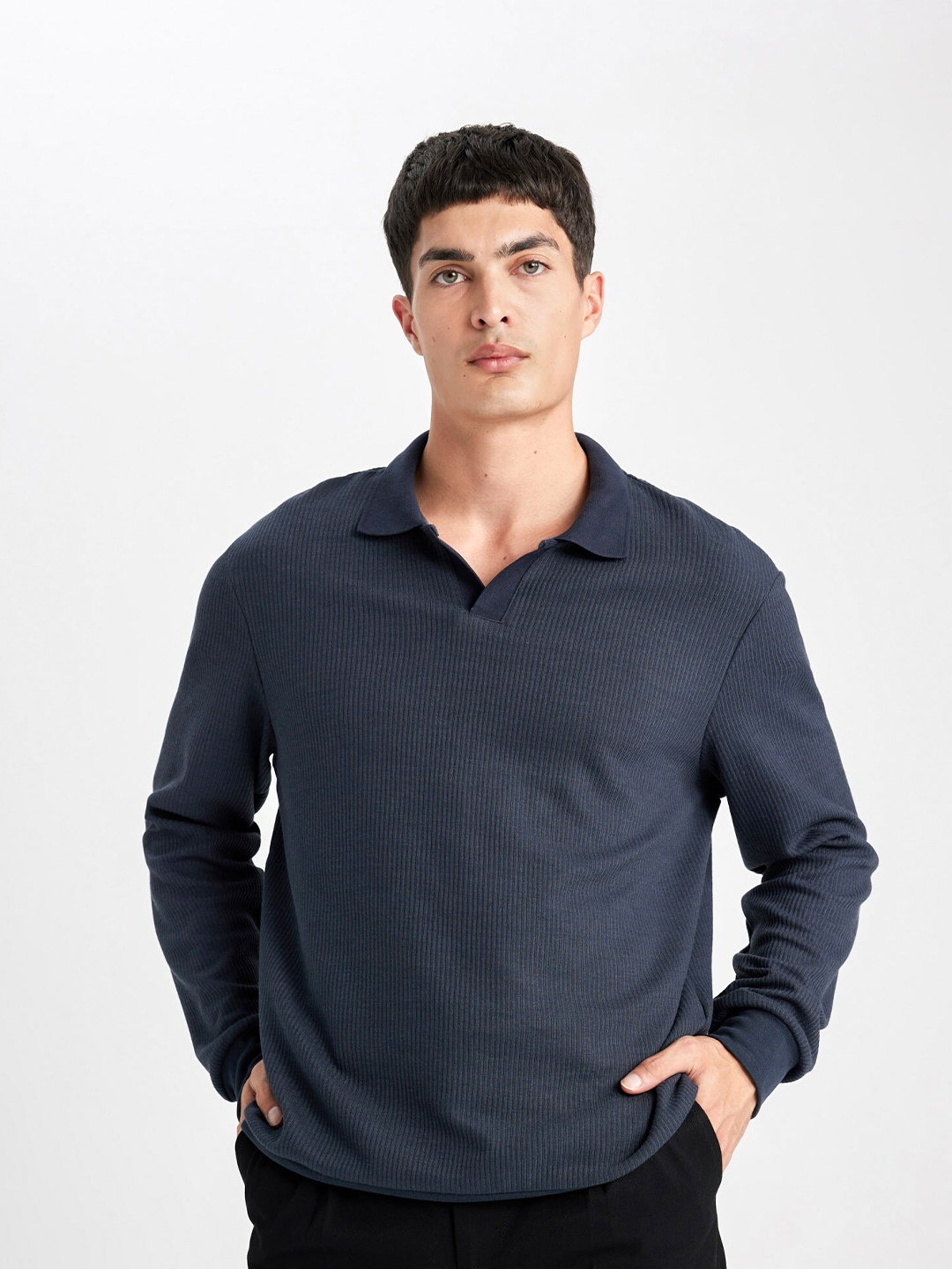 

DeFacto Self Design Shirt Collar Pullover Sweatshirt, Navy blue