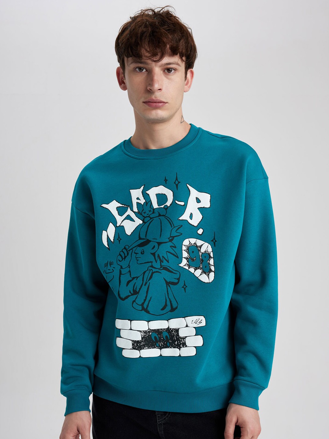 

DeFacto Typography Printed Round Neck Pullover Sweatshirt, Blue