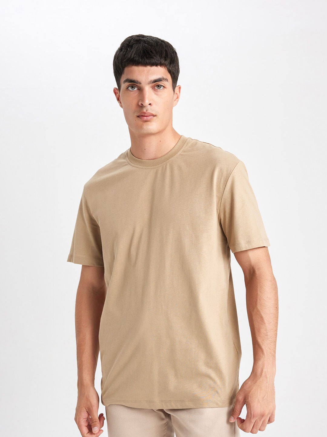 

DeFacto Round Neck Pure Cotton Casual T-shirt, Beige