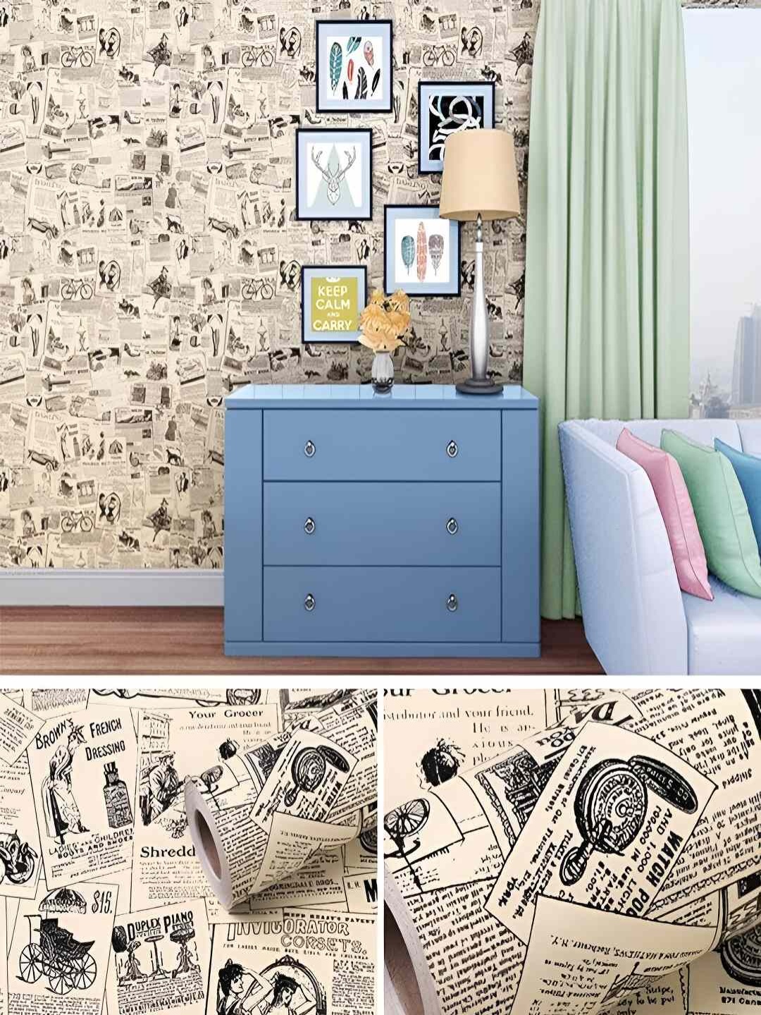

Univocean Beige & Black Vintage Newspaper Peel & Stick 3D Wallpaper