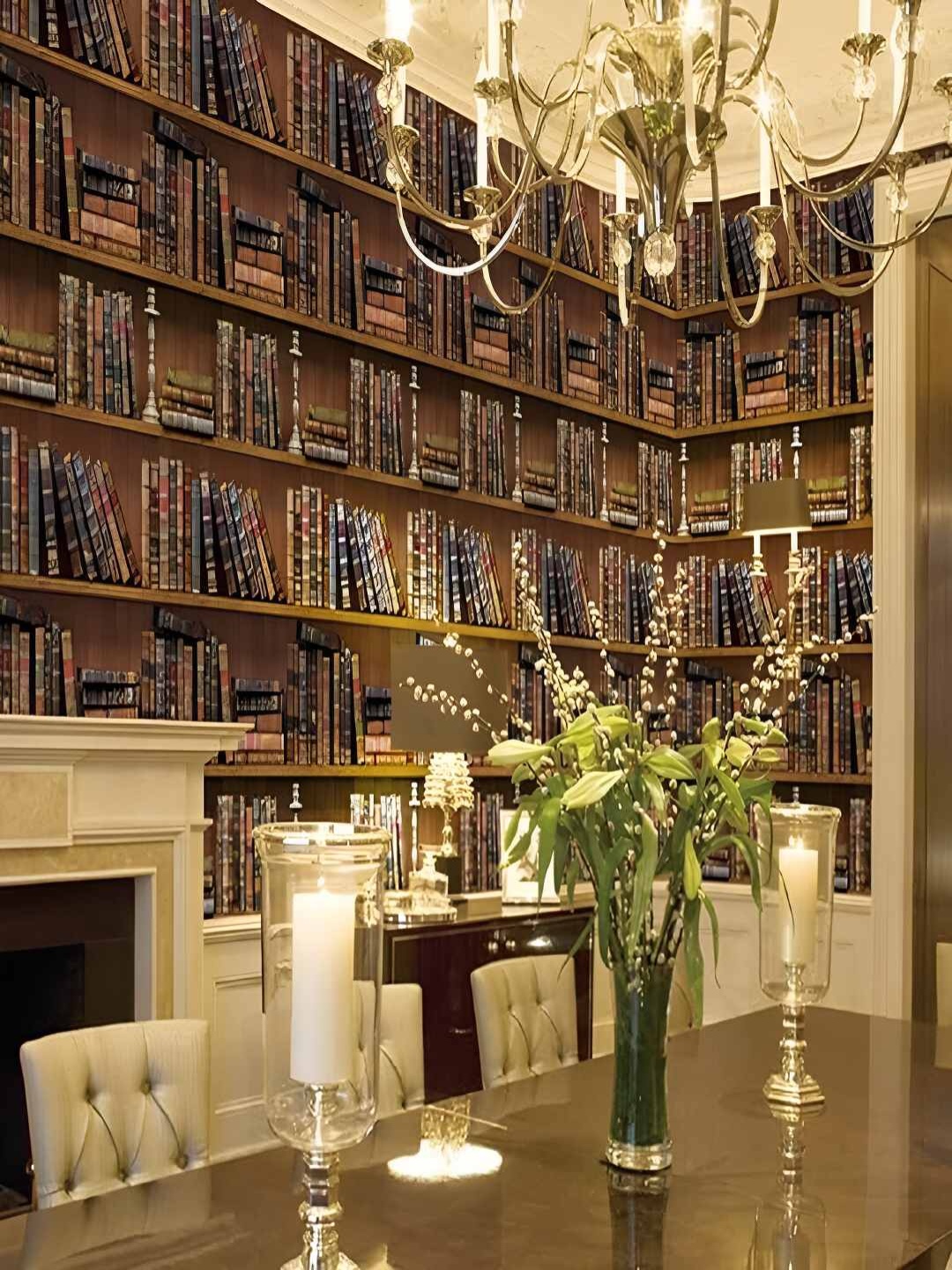 

Univocean Brown & Beige Library Book Shelf Self Adhesive 3D Wallpaper