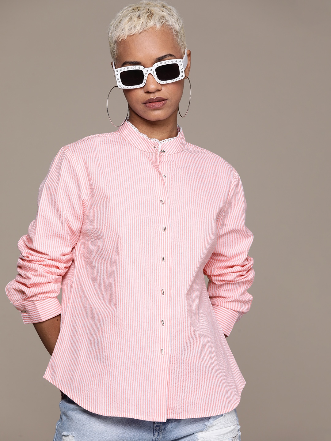 

Roadster Striped Mandarin Collar Pure Cotton Casual Shirt, Pink