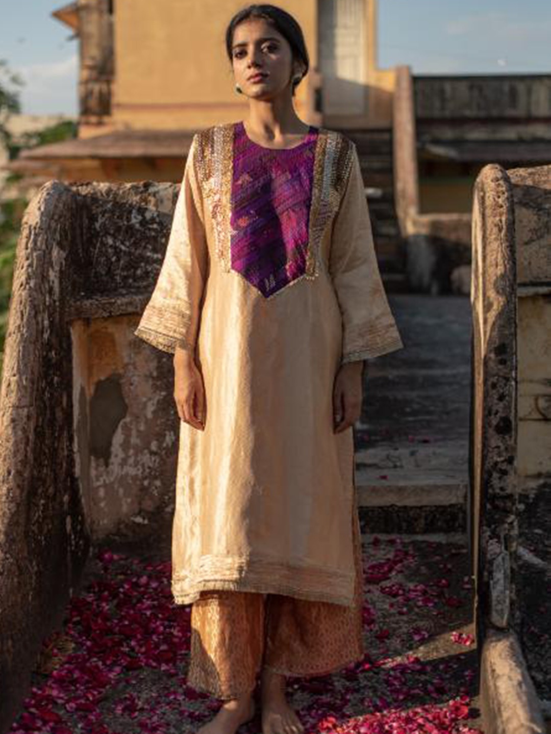 

PriyankaRaajiv Ethnic Yoke Design Round Neck Regular Gotta Patti Silk Kurta With Palazzos, Beige