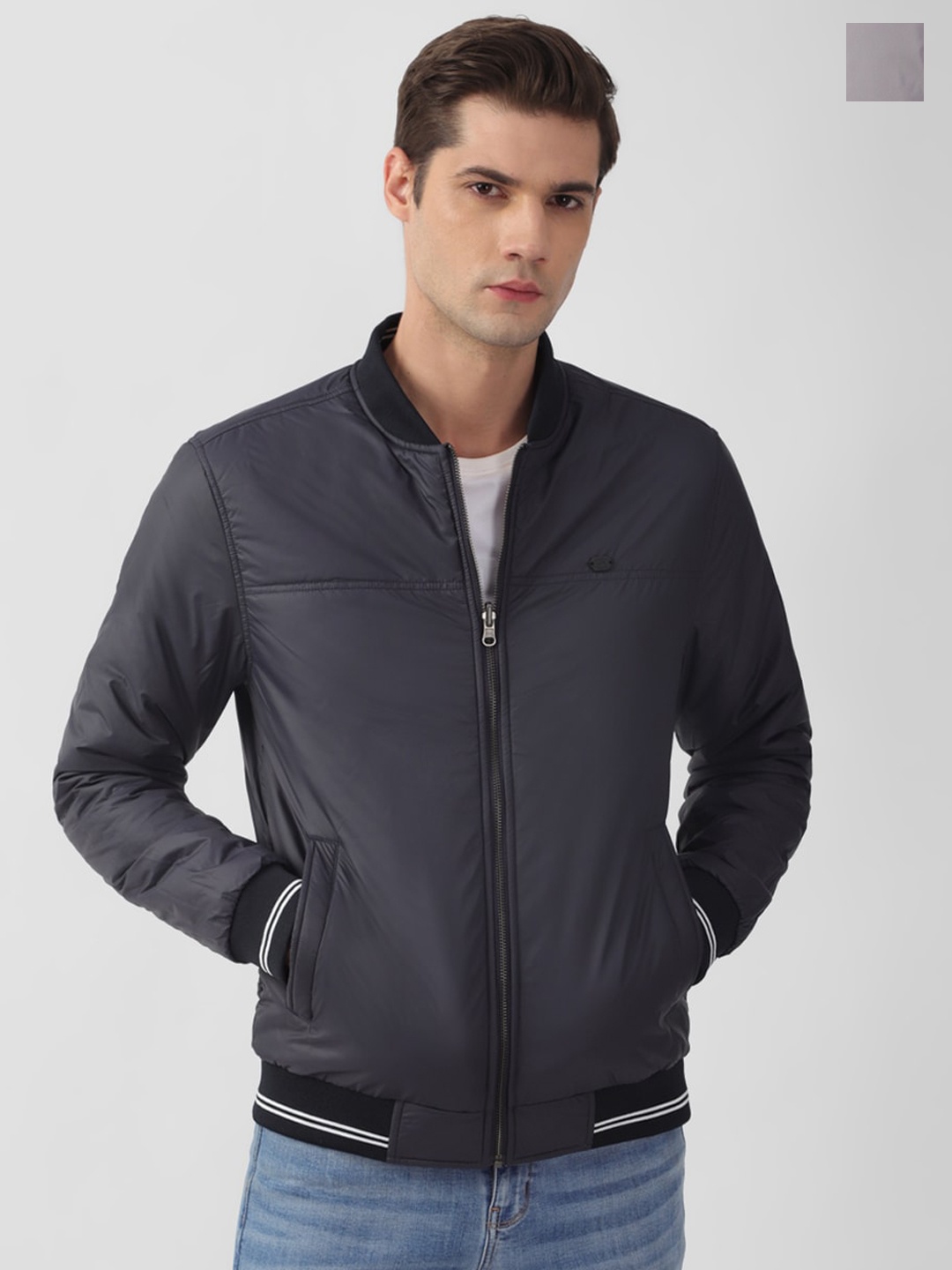 

Peter England Casuals Stand Collar Long Sleeve Zip Detail Reversible Bomber Jacket, Grey