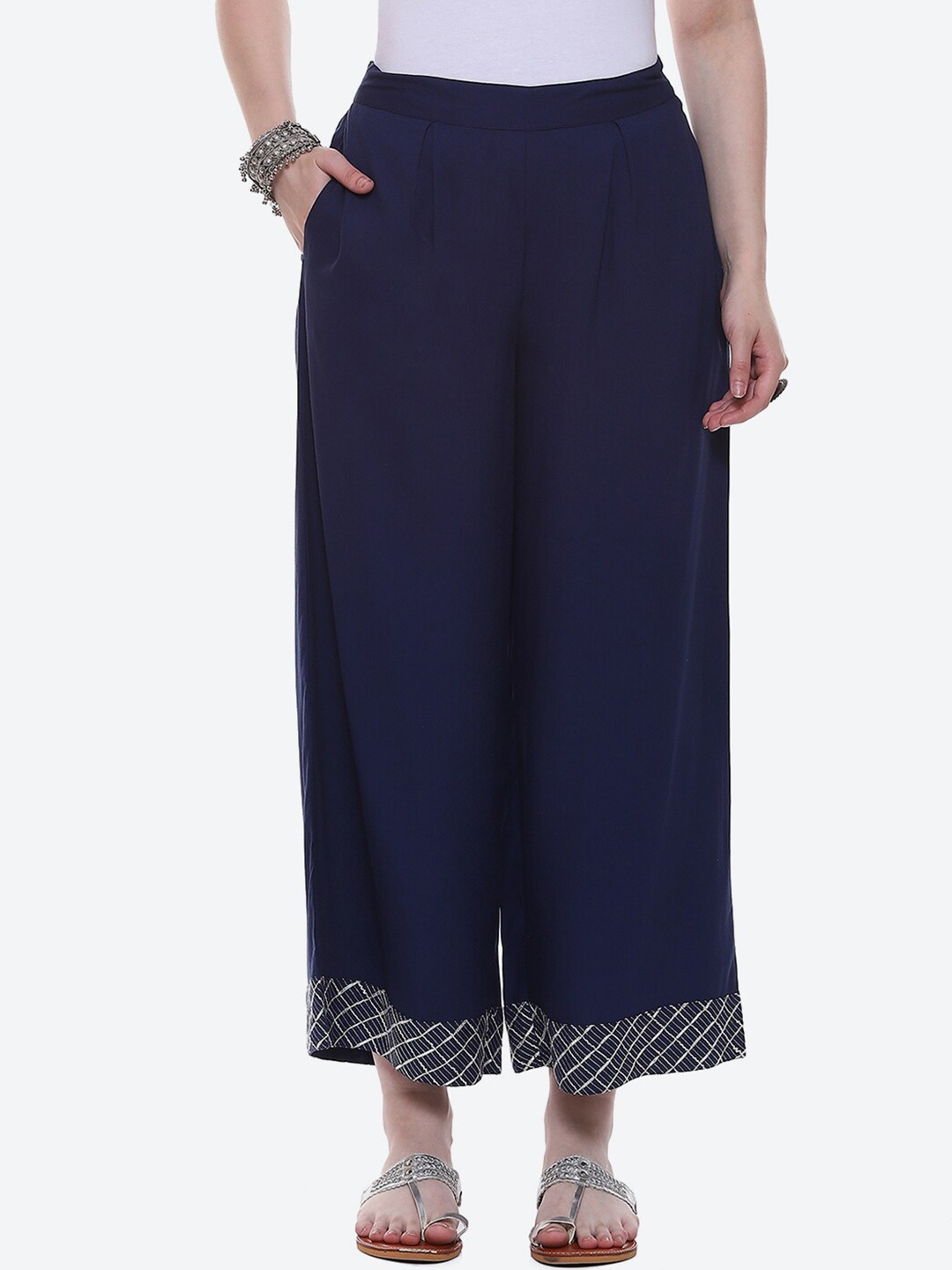

2Bme Checked Straight Ethnic Palazzo, Navy blue