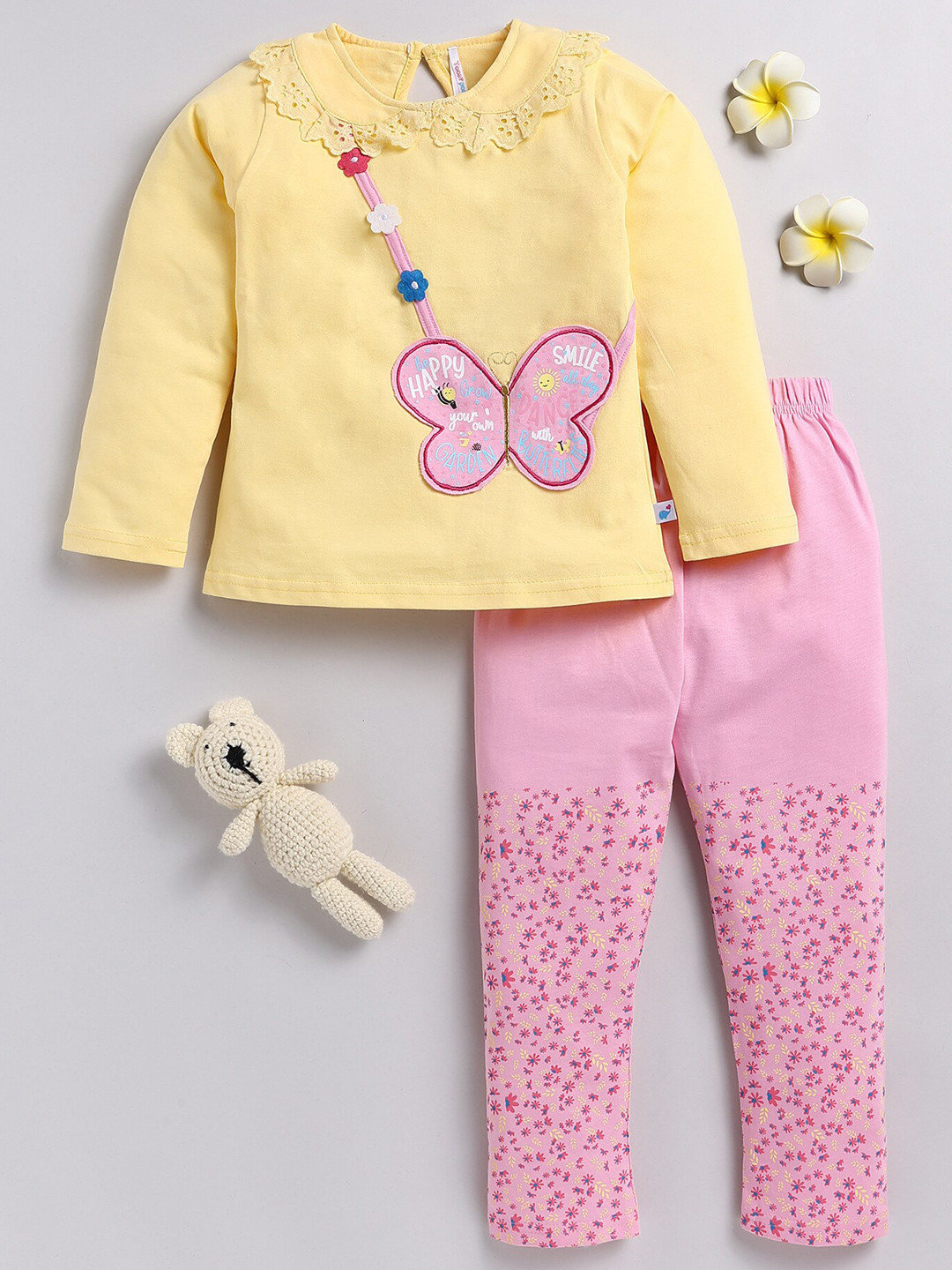 

Toonyport Girls Printed Pure Cotton T-shirt with Trousers, Yellow