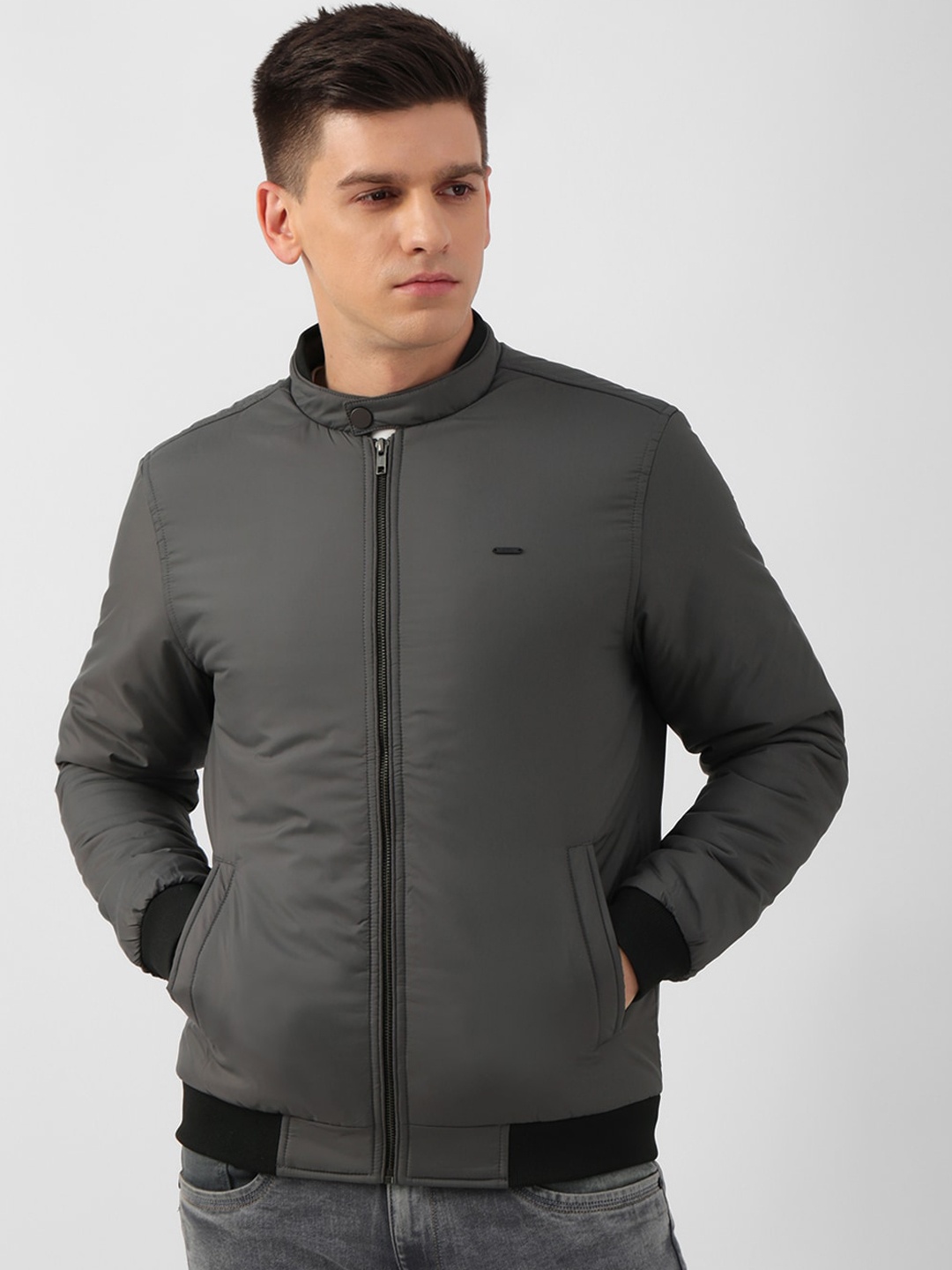 

PETER ENGLAND UNIVERSITY Stand Collar Bomber Jacket, Grey