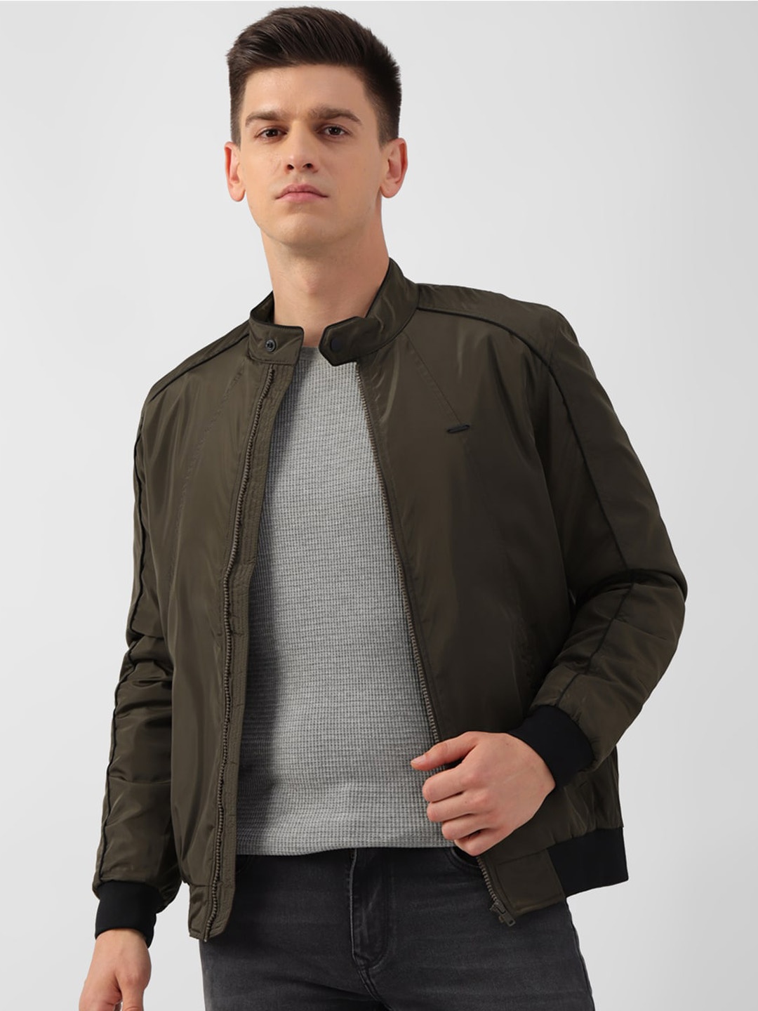 

PETER ENGLAND UNIVERSITY Stand Collar Bomber Jacket, Green