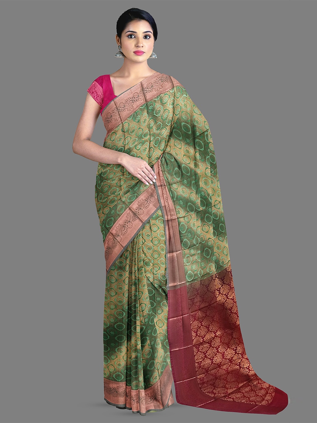 

The Chennai Silks Floral Woven Design Fusion Kanjeevaram Saree, Green