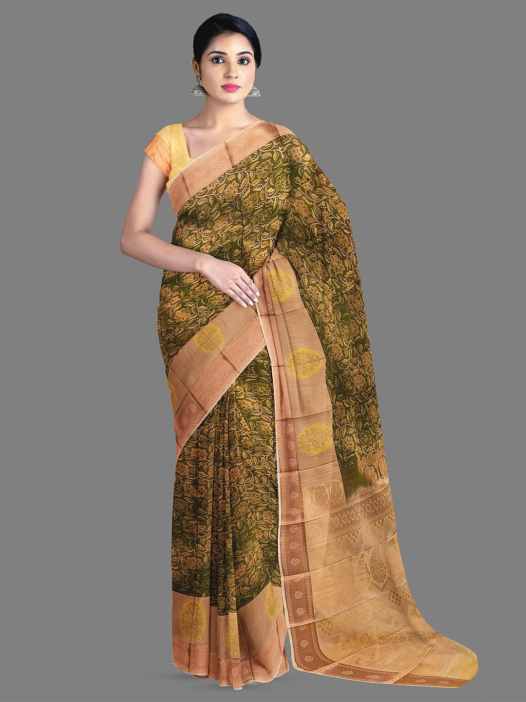 

The Chennai Silks Floral Woven Design Zari Detail Kanjeevaram Saree, Green