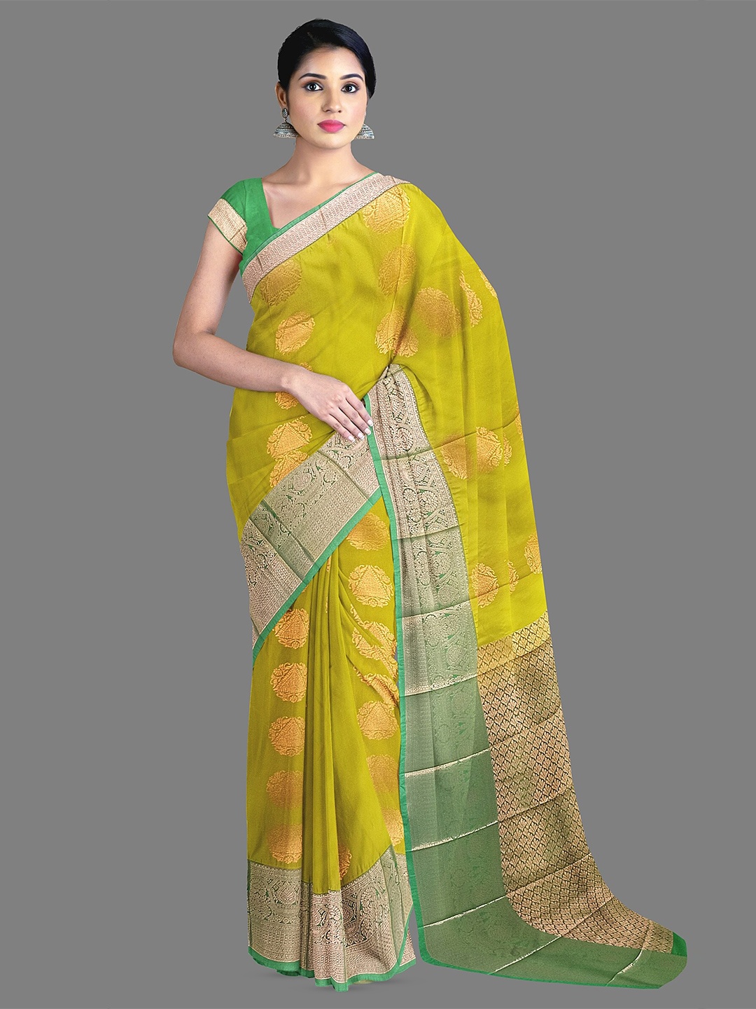 

The Chennai Silks Ethnic Motifs Woven Design Kanjeevaram Saree, Olive