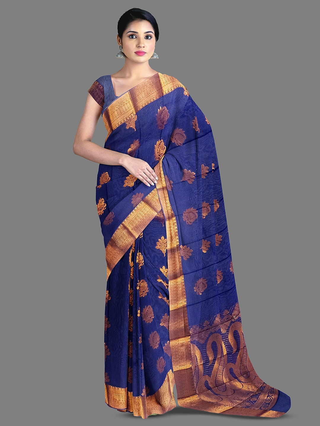 

The Chennai Silks Ethnic Motifs Woven Design Fusion Saree, Navy blue