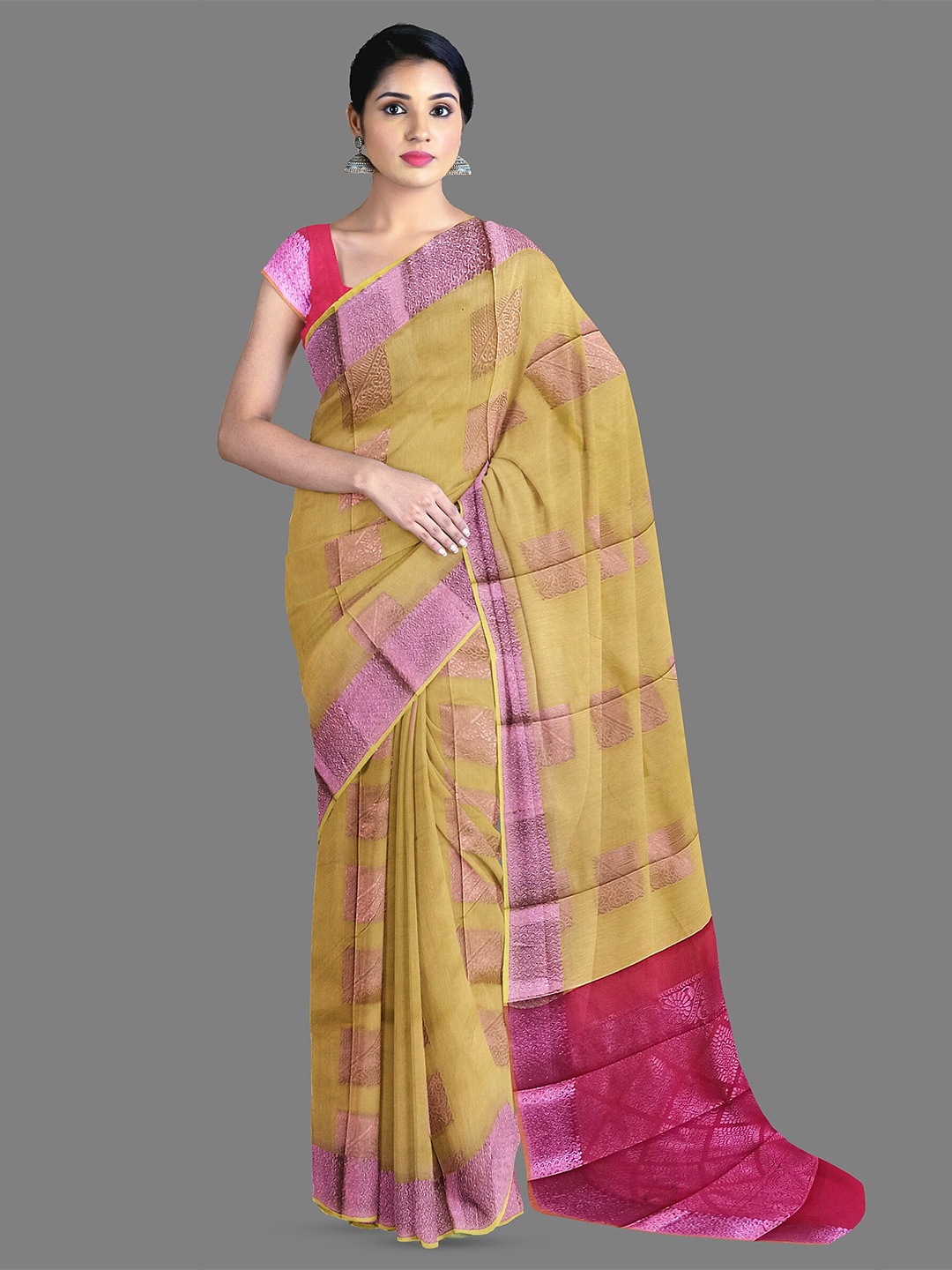 

The Chennai Silks Ethnic Motifs Woven Design Silk Cotton Zari Saree, Beige