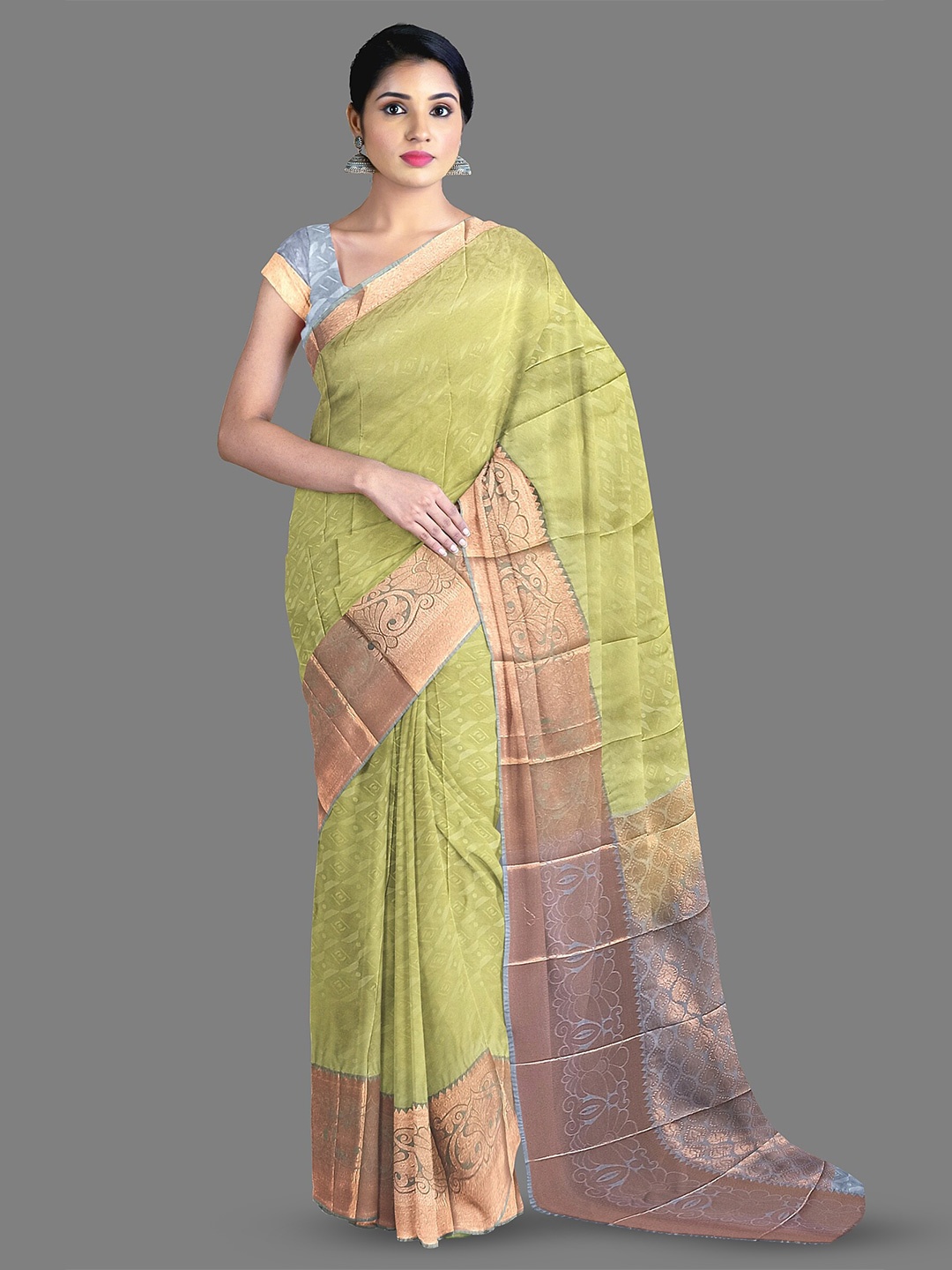 

The Chennai Silks Ethnic Motifs Woven Design Zari Kanjeevaram Saree, Olive