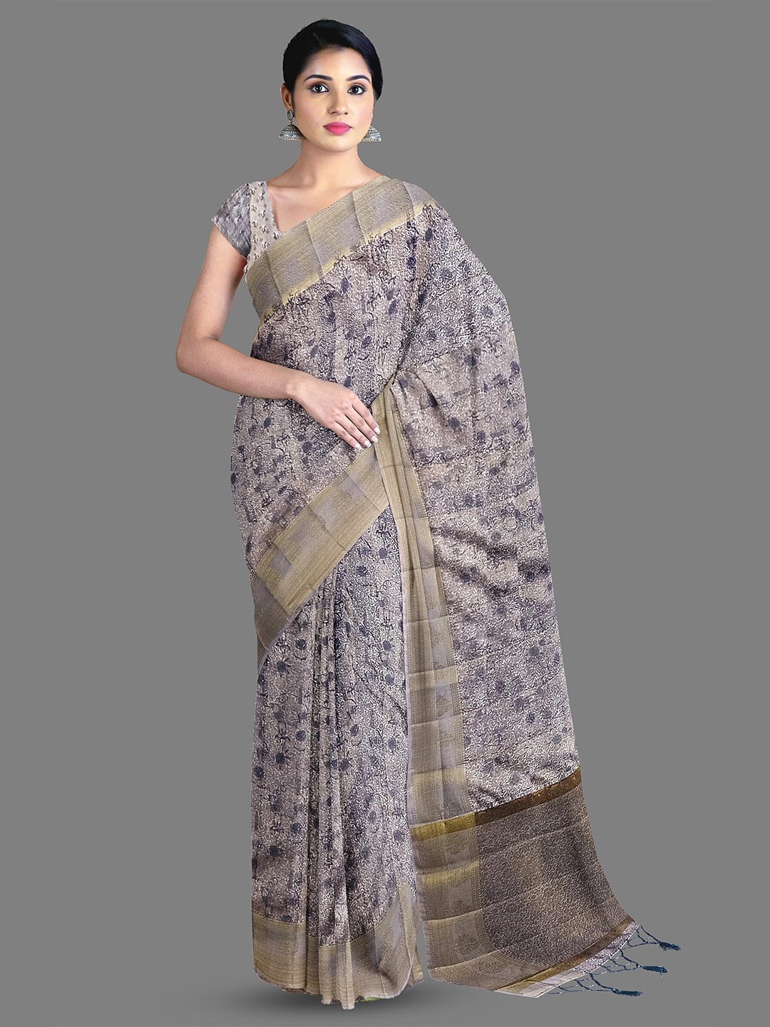 

The Chennai Silks Floral Printed Jute Cotton Zari Banarasi Saree, Beige