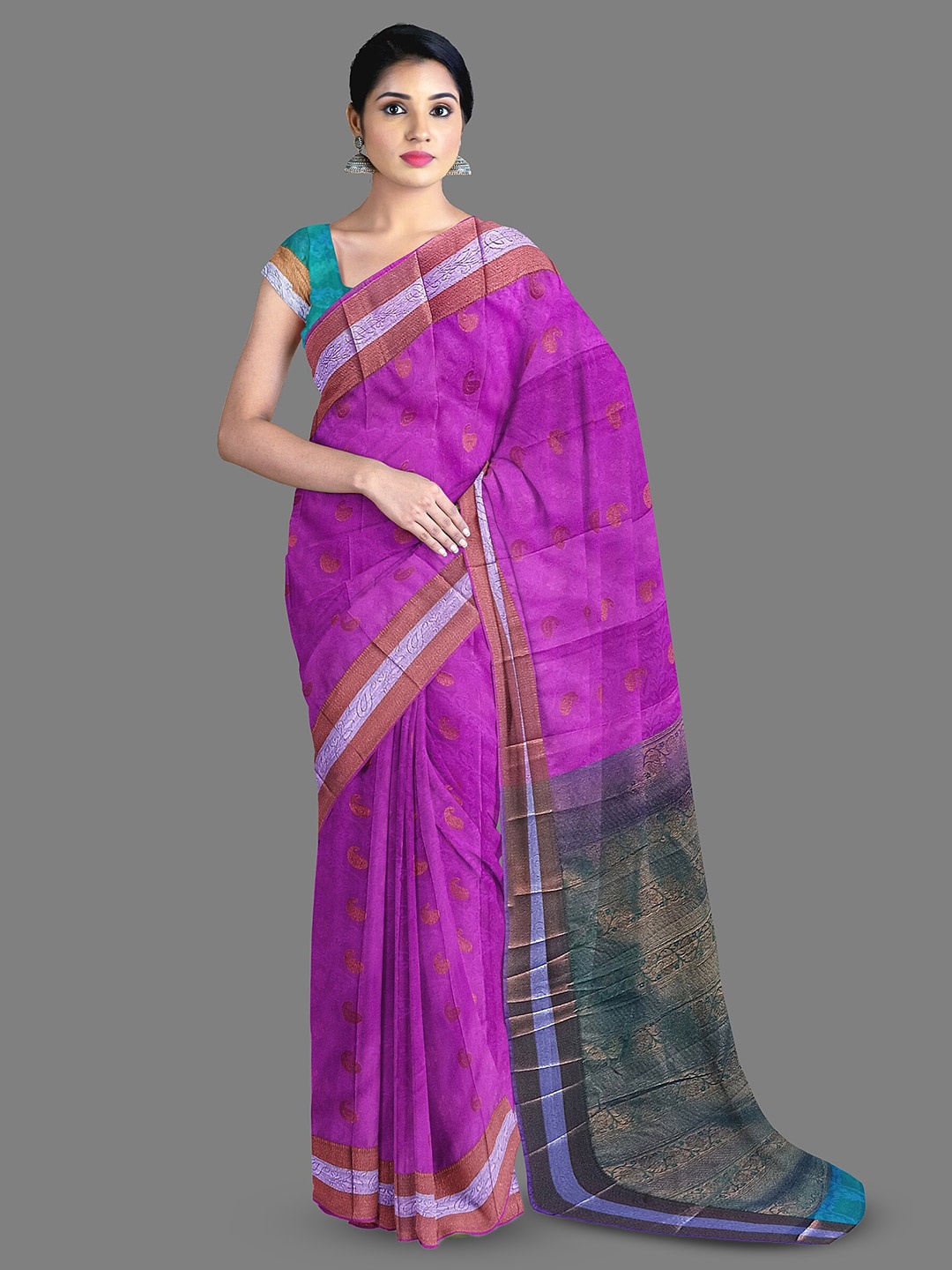 

The Chennai Silks Paisley Woven Design Zari Detail Kanjeevaram Saree, Pink