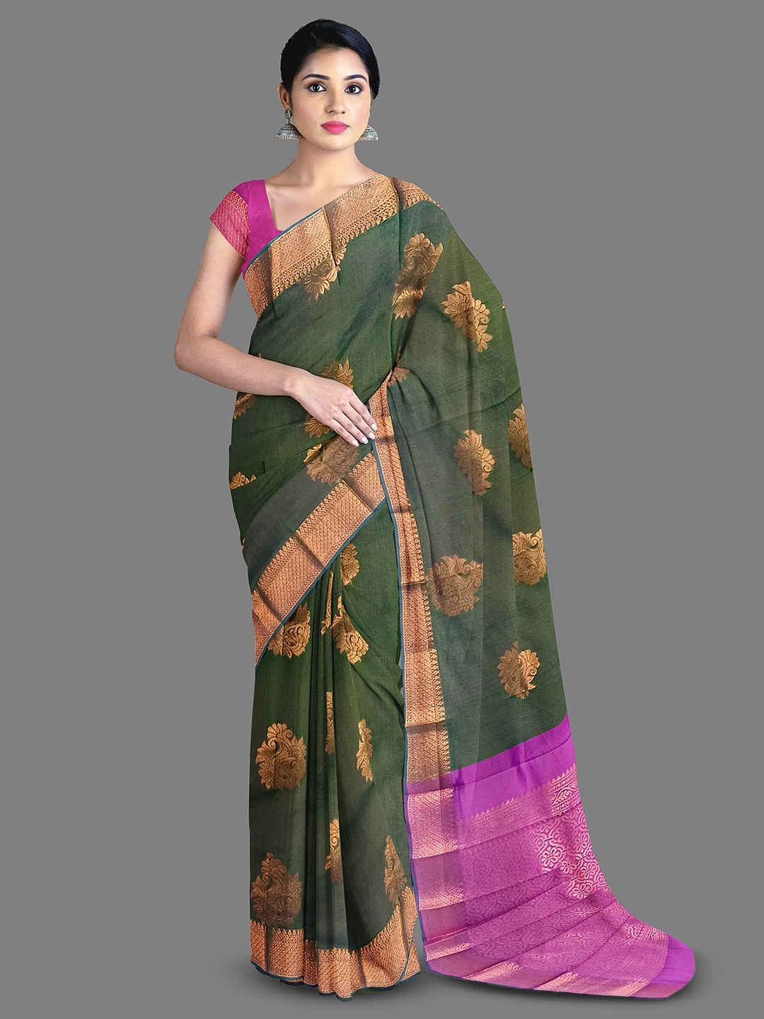 

The Chennai Silks Ethnic Motifs Woven Design Zari Silk Cotton Saree, Green