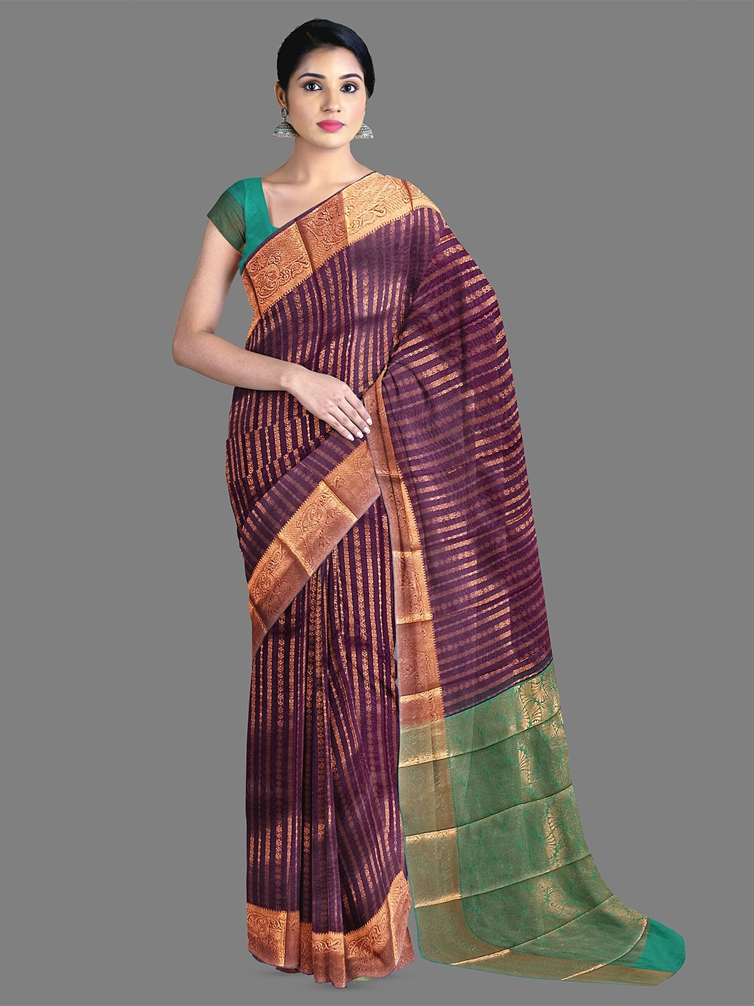 

The Chennai Silks Striped Zari Silk Cotton Saree, Violet