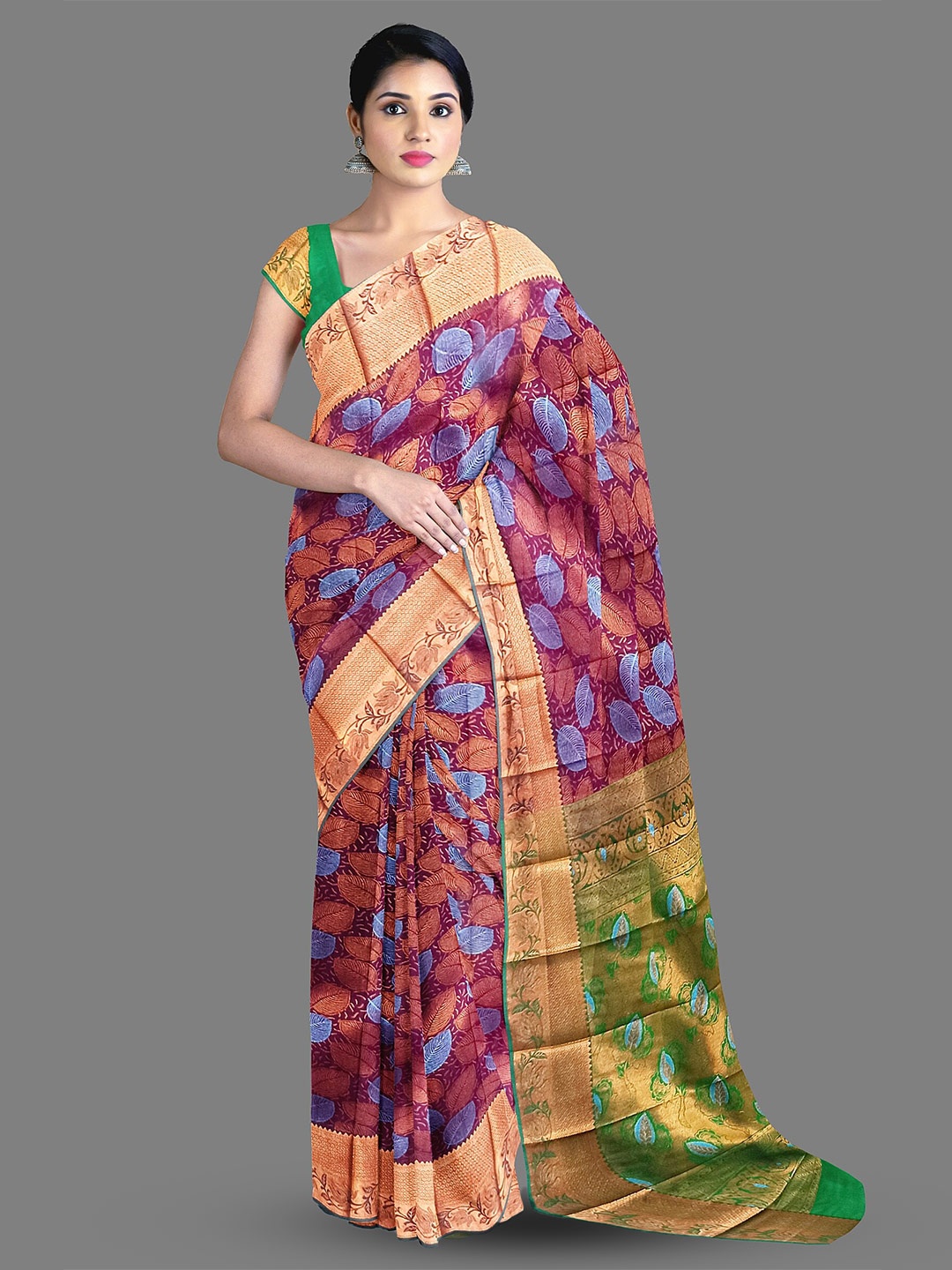 

The Chennai Silks Maroon Floral Silk Blend Fusion Kanjeevaram Saree