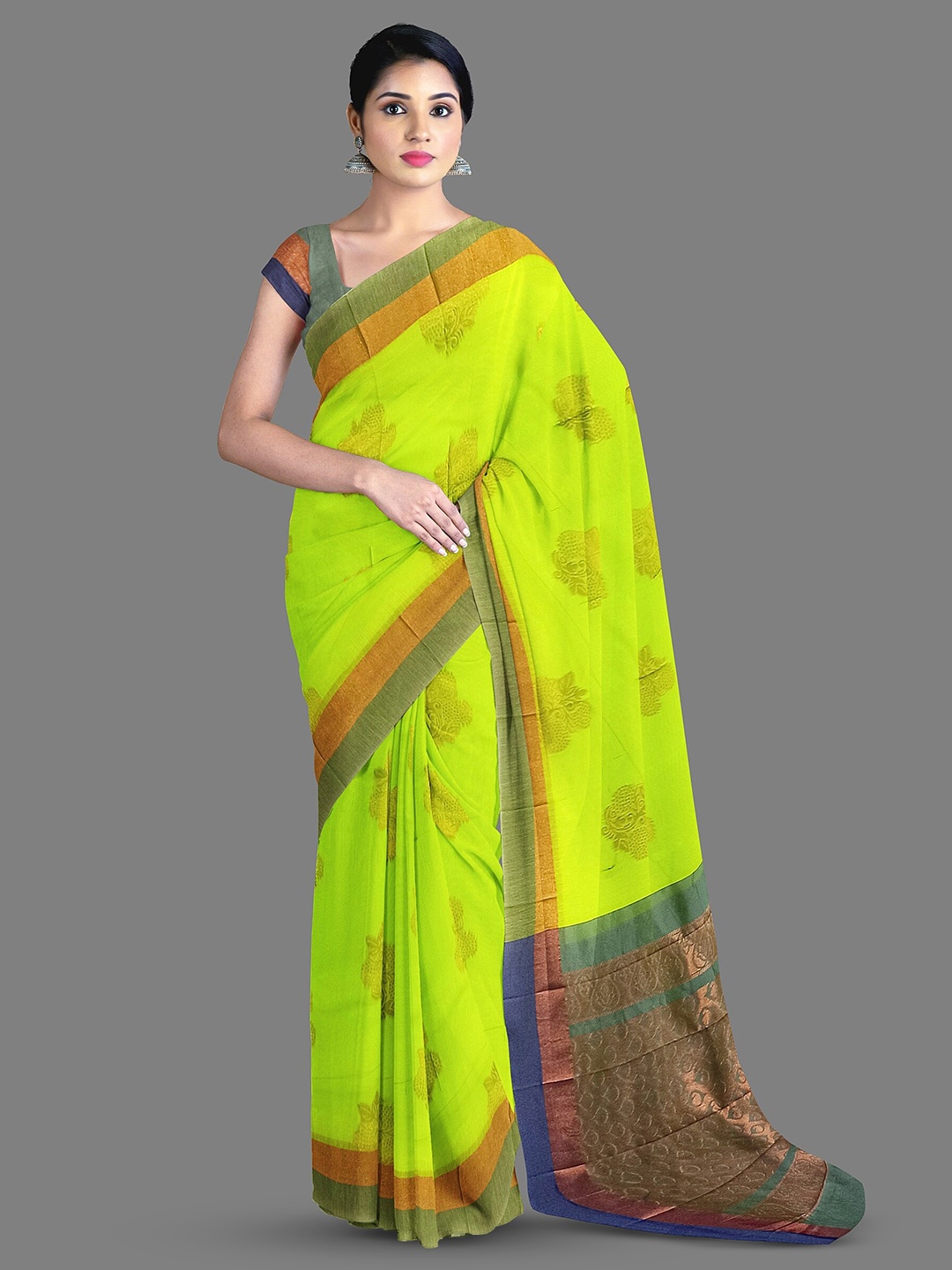 

The Chennai Silks Fluorescent Green Ethnic Motifs Silk Cotton Fusion Saree