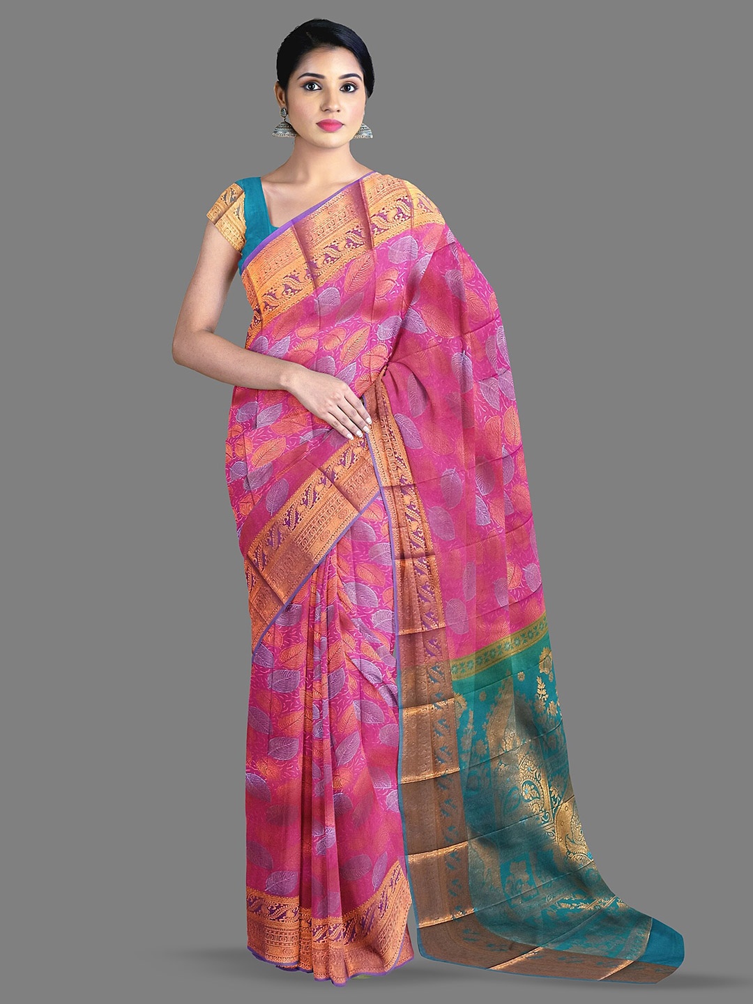 

The Chennai Silks Floral Woven Design Zari Kanjeevaram Saree, Pink