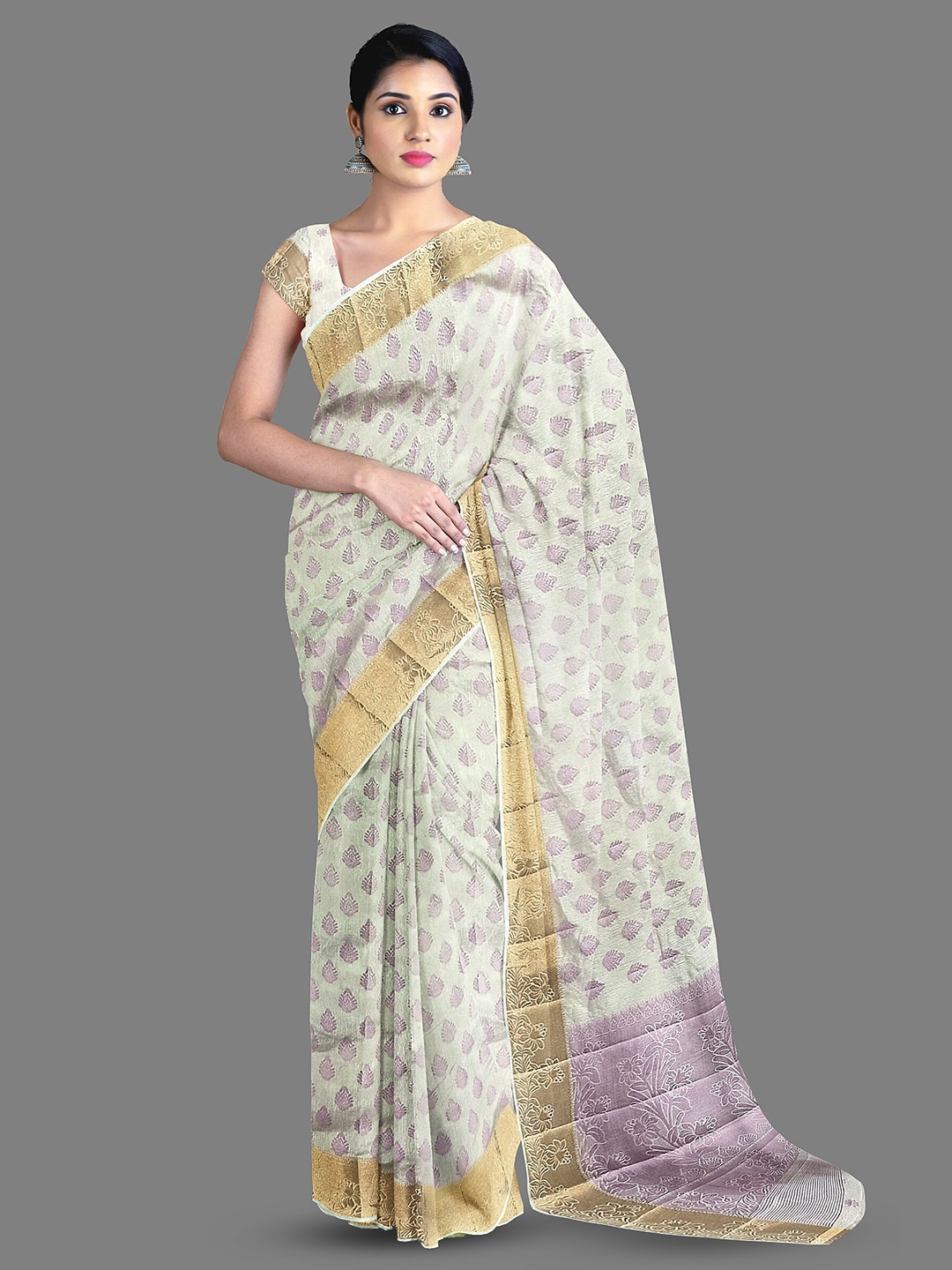 

The Chennai Silks Ethnic Motifs Woven Design Jute Cotton Banarasi Saree, Cream