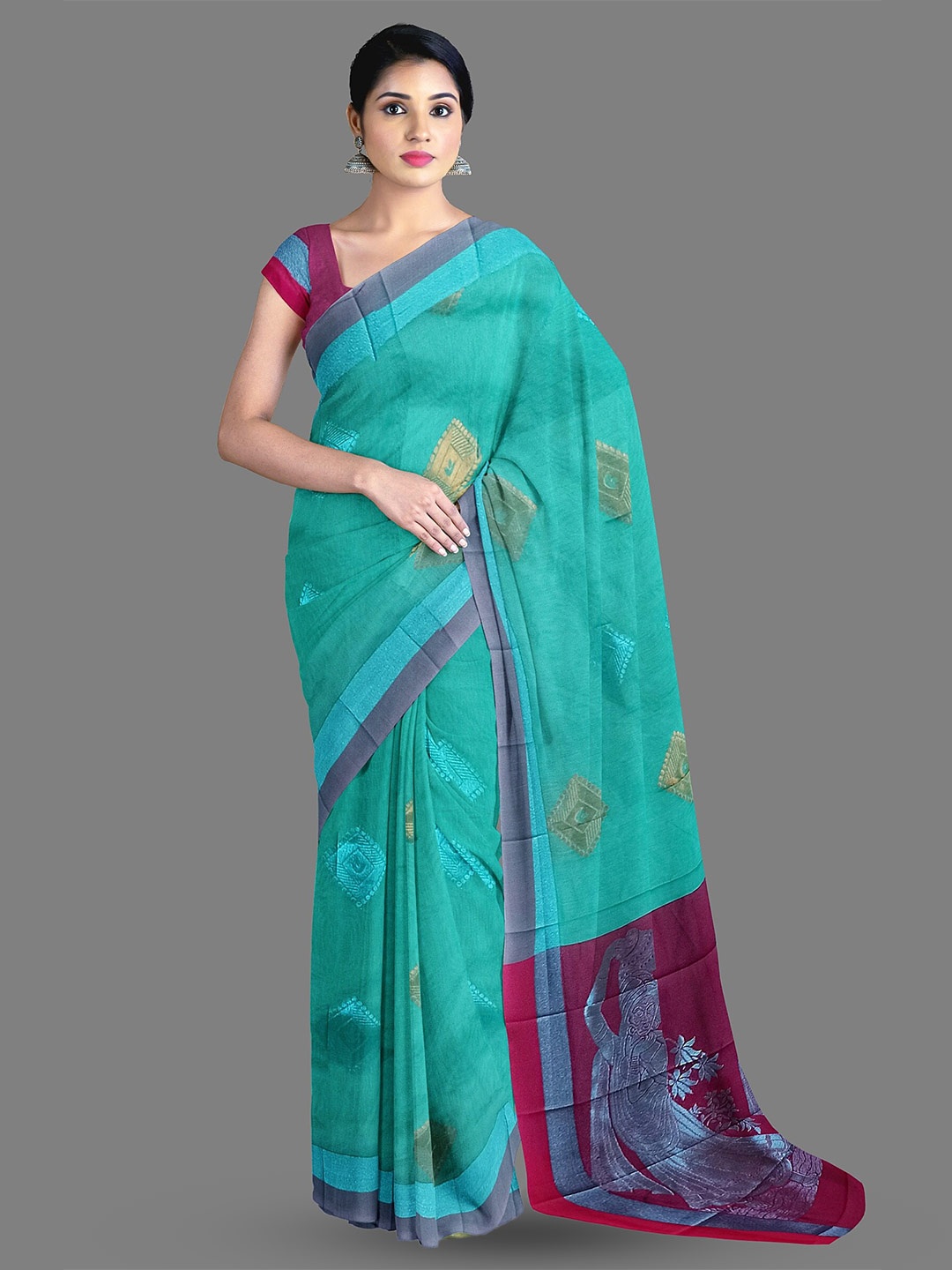 

The Chennai Silks Ethnic Motifs Woven Design Silk Cotton Saree, Green