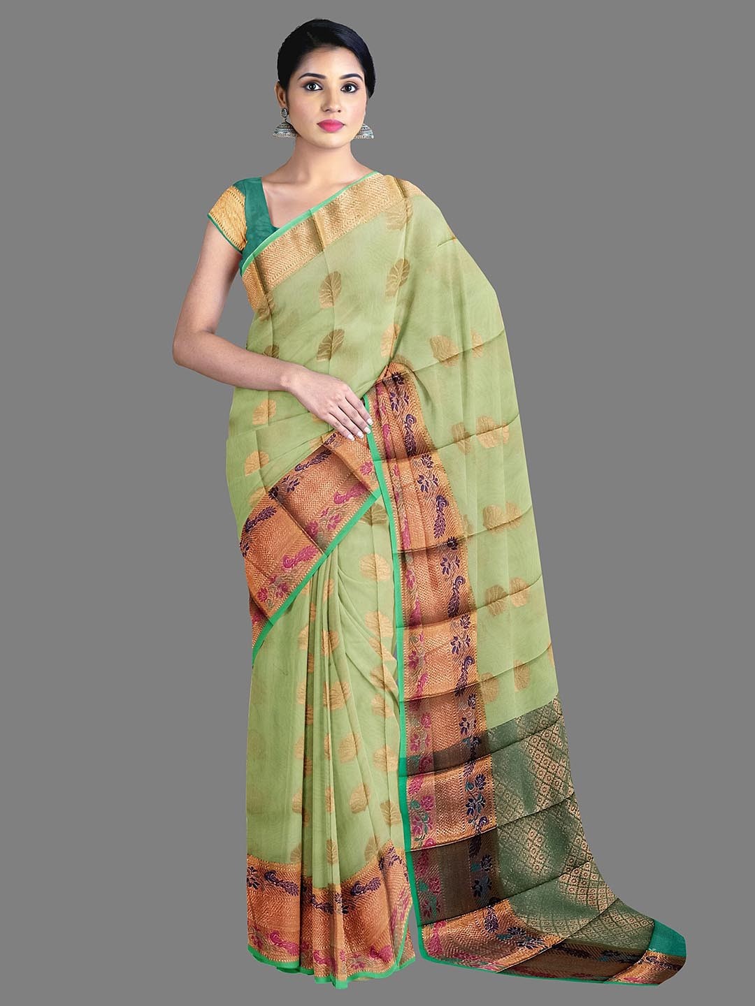 

The Chennai Silks Ethnic Motifs Woven Design Silk Cotton Saree, Green