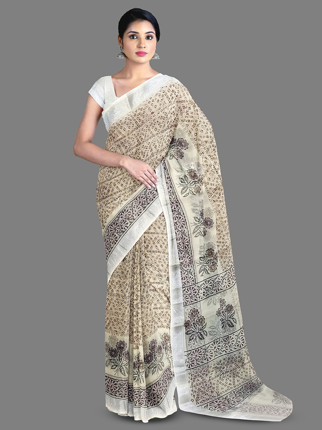 

The Chennai Silks Floral Printed Pure Cotton Fusion Kota Saree, Cream