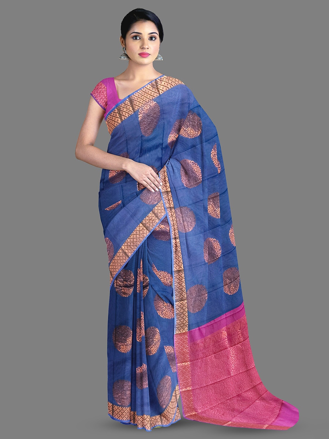 

The Chennai Silks Ethnic Motifs Woven Design Zari Silk Cotton Fusion Saree, Blue