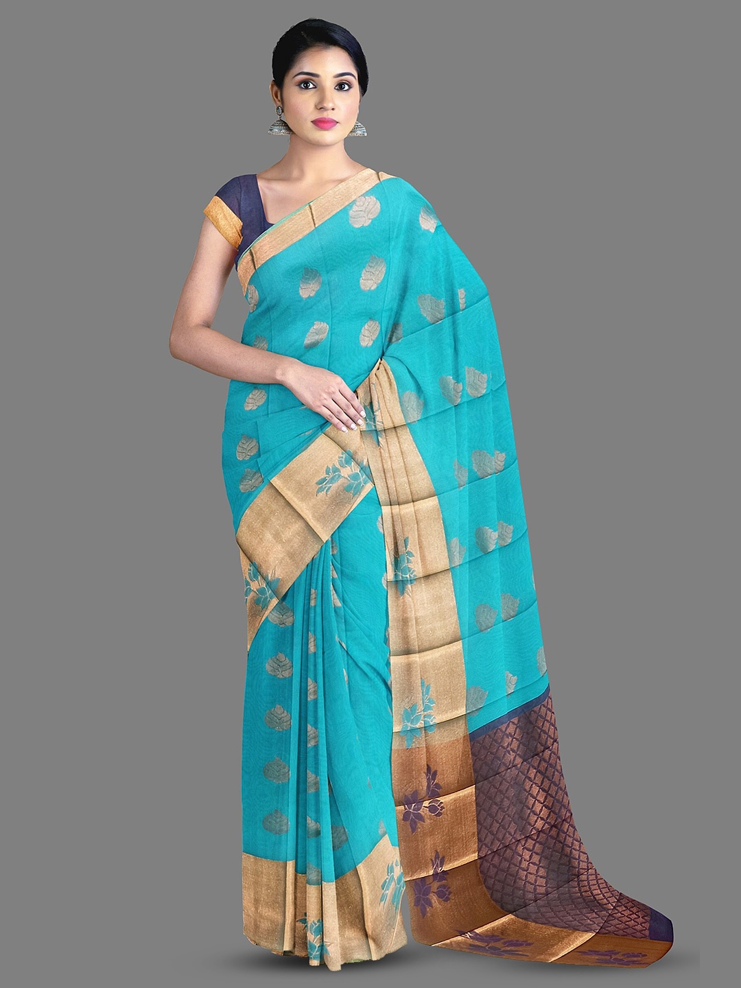 

The Chennai Silks Ethnic Motifs Woven Design Zari Silk Cotton Kanjeevaram Saree, Blue