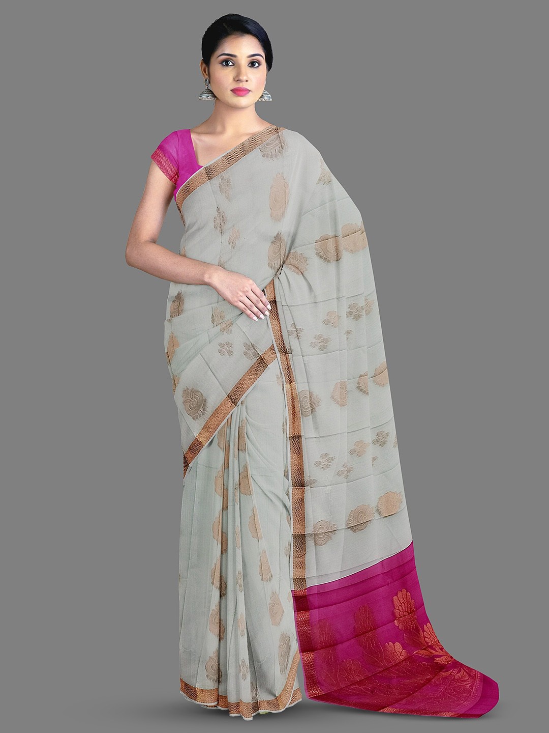 

The Chennai Silks Ethnic Motifs Woven Design Zari Silk Cotton Saree, Grey