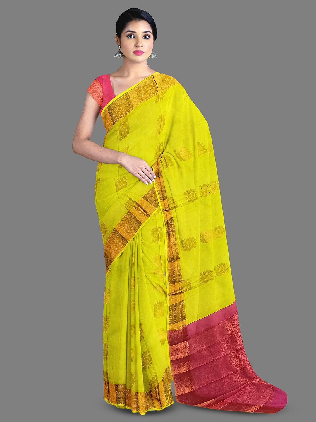 

The Chennai Silks Ethnic Motifs Woven Design Zari Silk Cotton Saree, Yellow