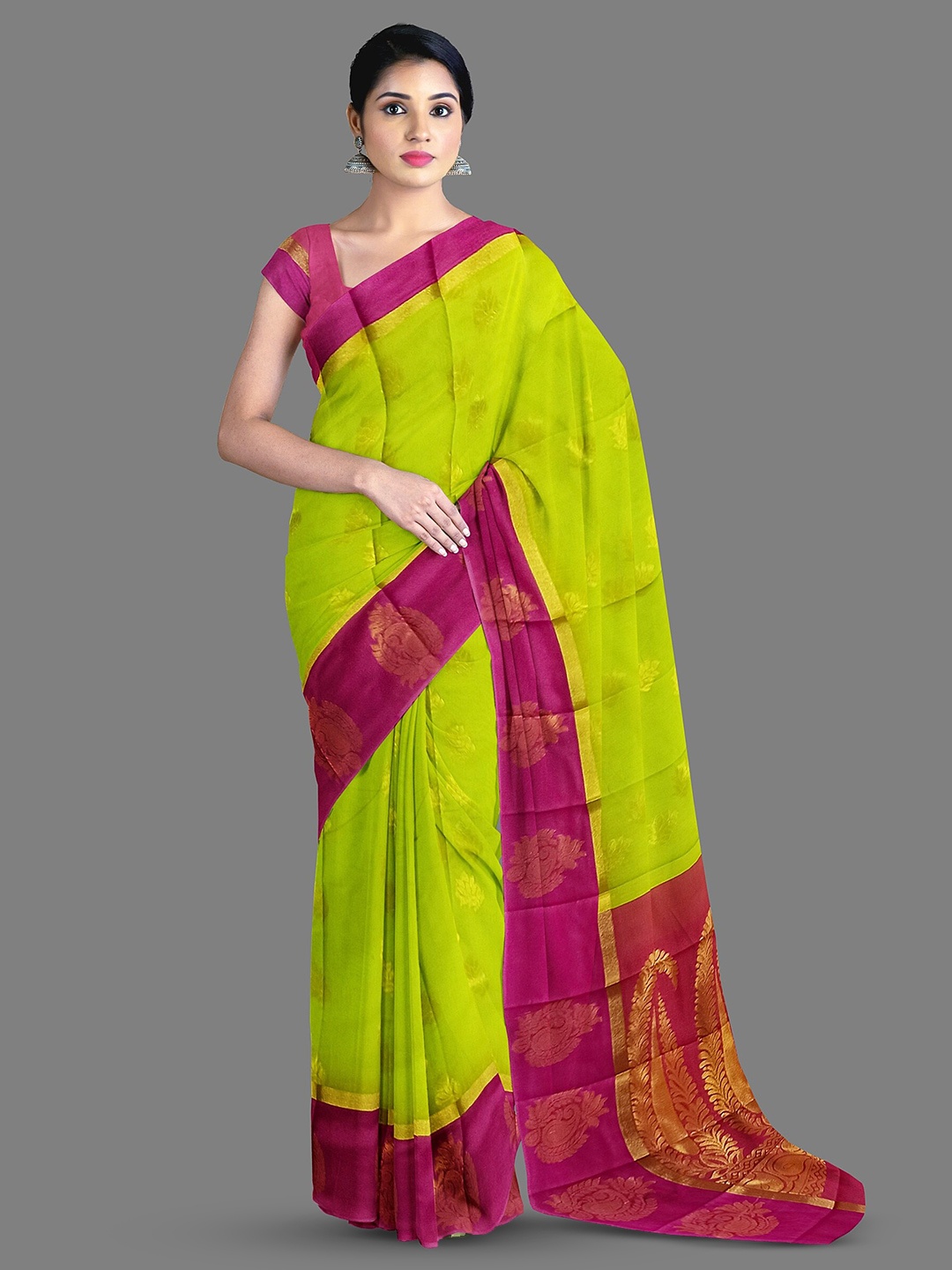 

The Chennai Silks Floral Woven Design Silk Cotton Zari Saree, Lime green